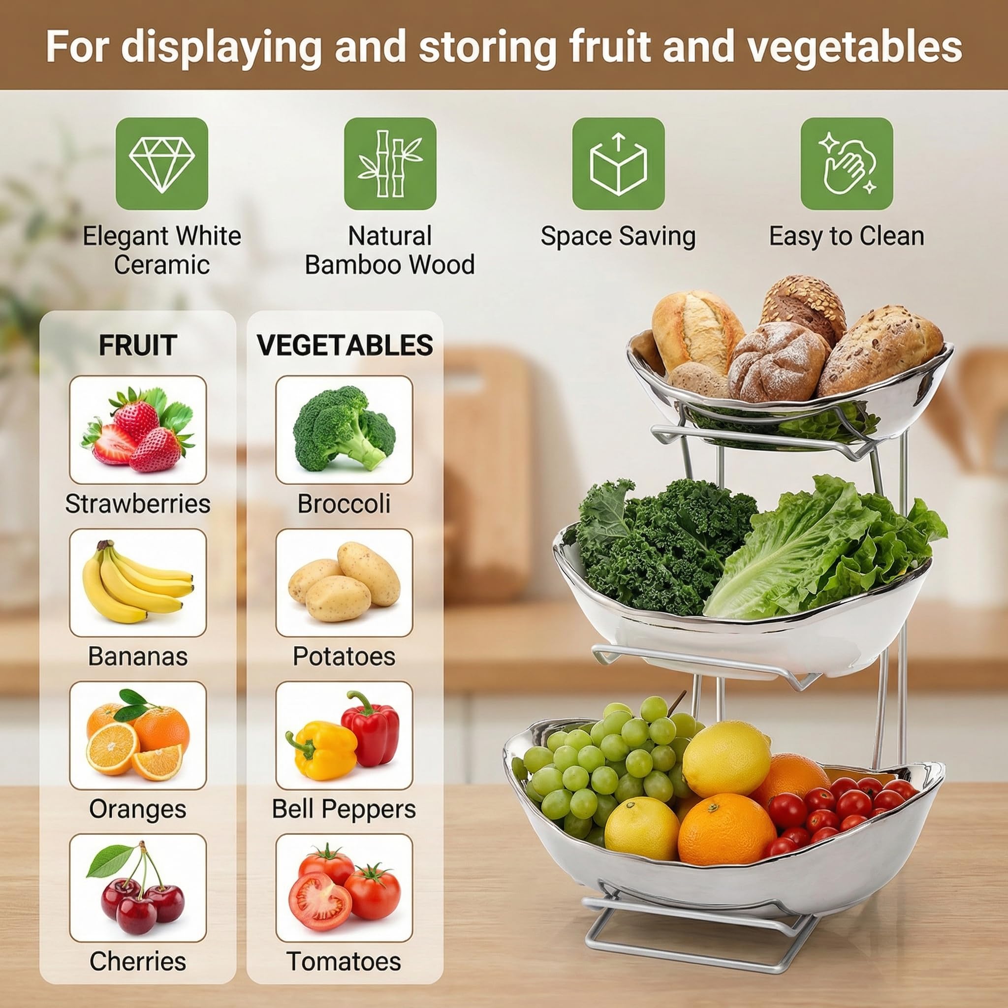 Goaste Corbeille à fruits ovale à 3 niveaux en céramique avec support en métal - Bols de cuisine en porcelaine pour le stockage des fruits, des légumes, des collations, des noix, des desserts