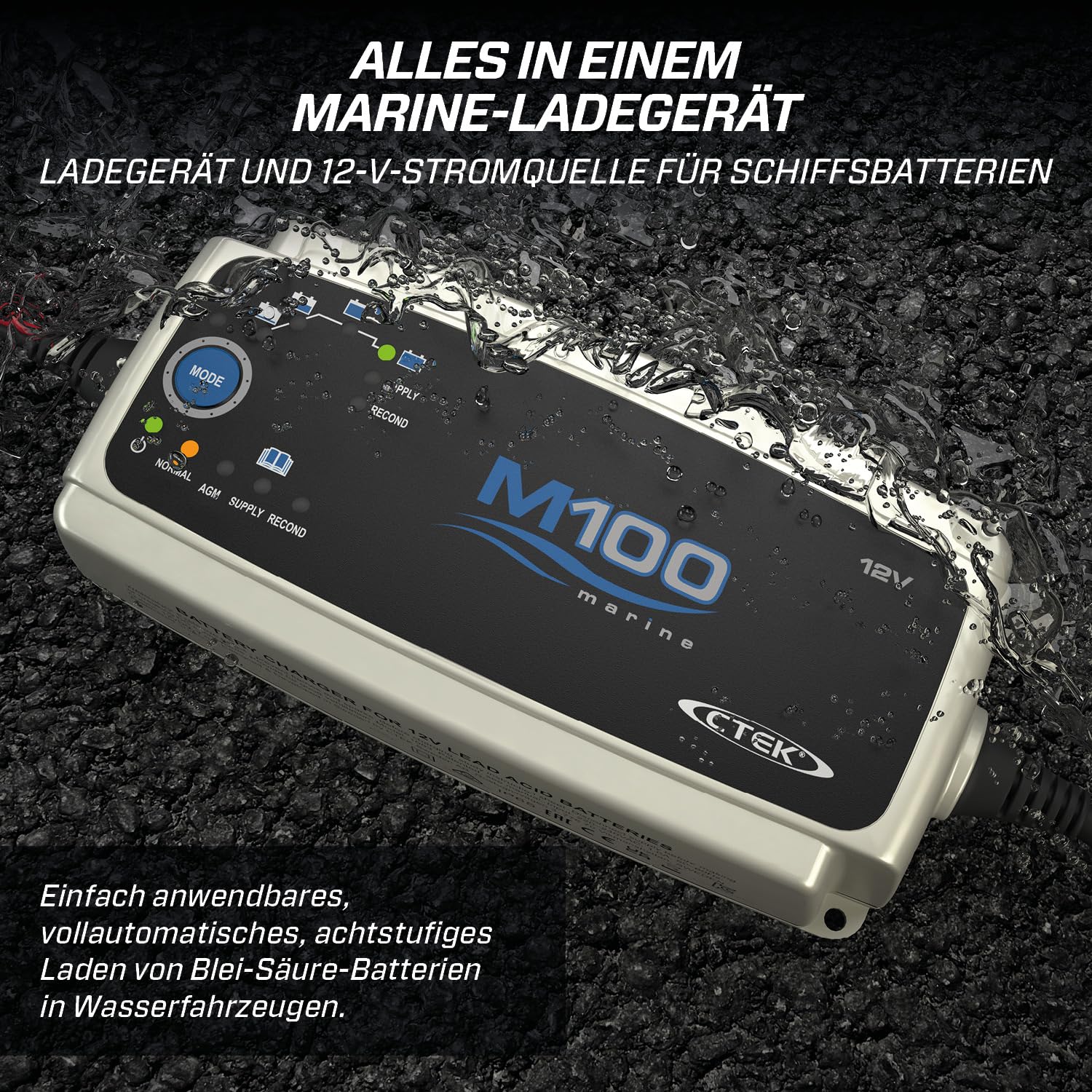 CTEK M100 Komplettbatterieladesystem für Wasserfahrzeuge 12V 7A, Ladegerät für Boote, Intelligentes Batterieladegerät Und Batteriepfleger Mit Rekonditionierungsmodus Und AGM-Option