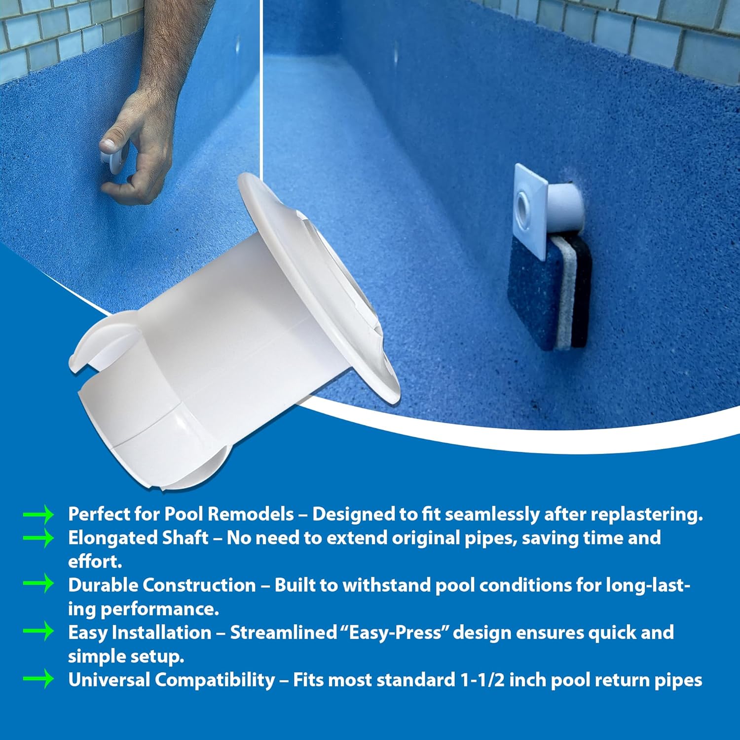 Streamline Reno-Return Pool Fitting – Elongated Shaft for Renovations – Tool-Free, No Glue or Threads – Fits 1-1/2” Pipes – Square/Round Face – Available in White, Blue, Black, Gray (Round – White)