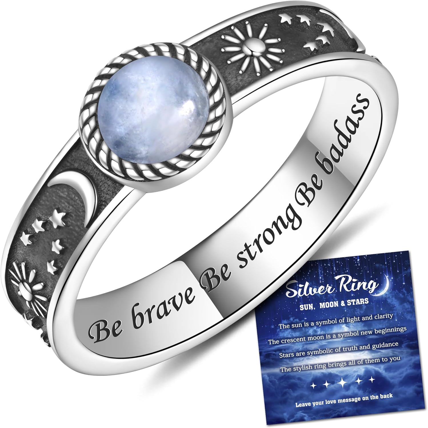 Natural Moonstone Sun Moon Ring for Women： 925 Sterling Silver Inspirational Promise Rings Valentines Day Gifts