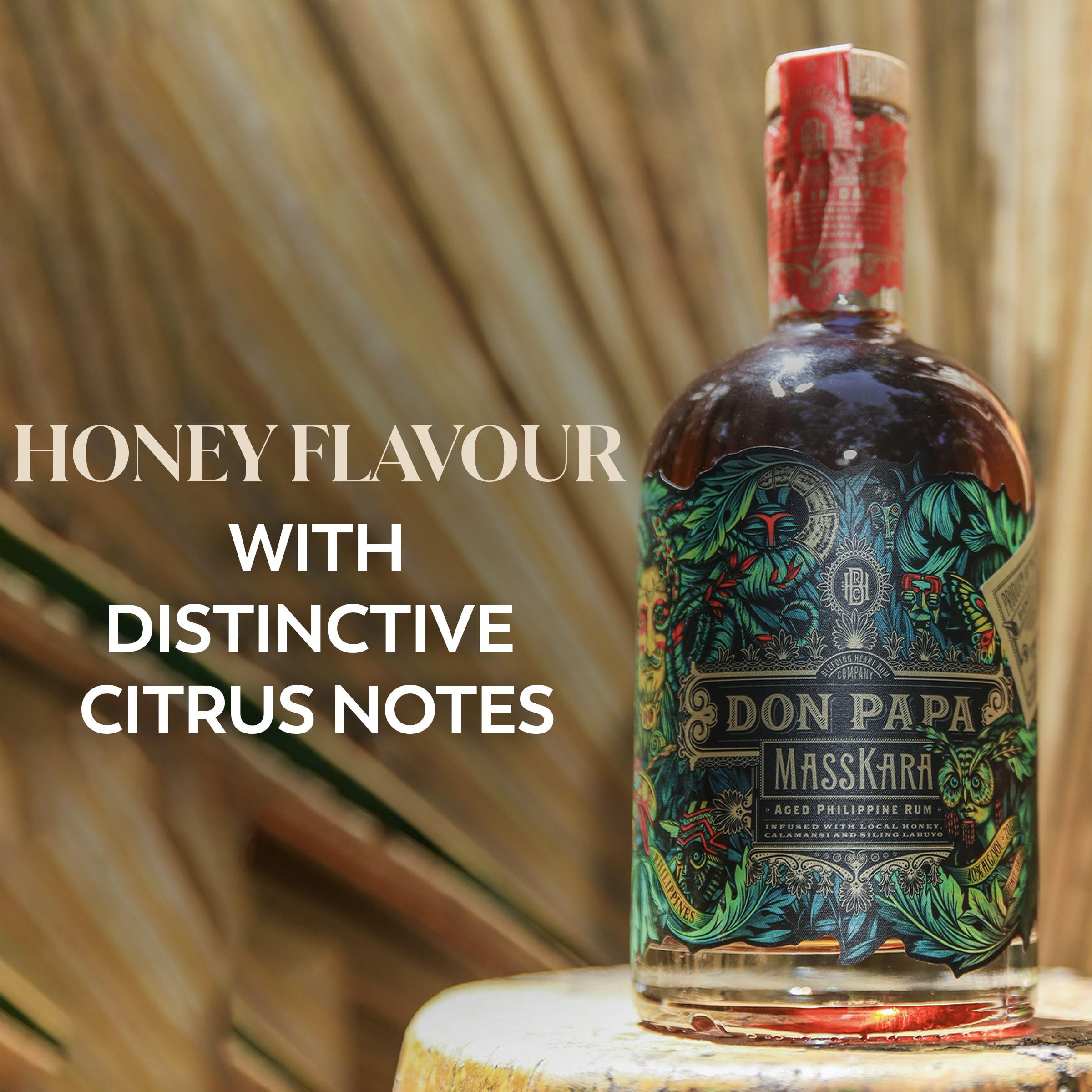 Don Papa Masskara, 700 ml, alc. 40% vol., ron especiado, destilado en Sugarlandia, Filipinas, edición de lujo e idóneo para cócteles