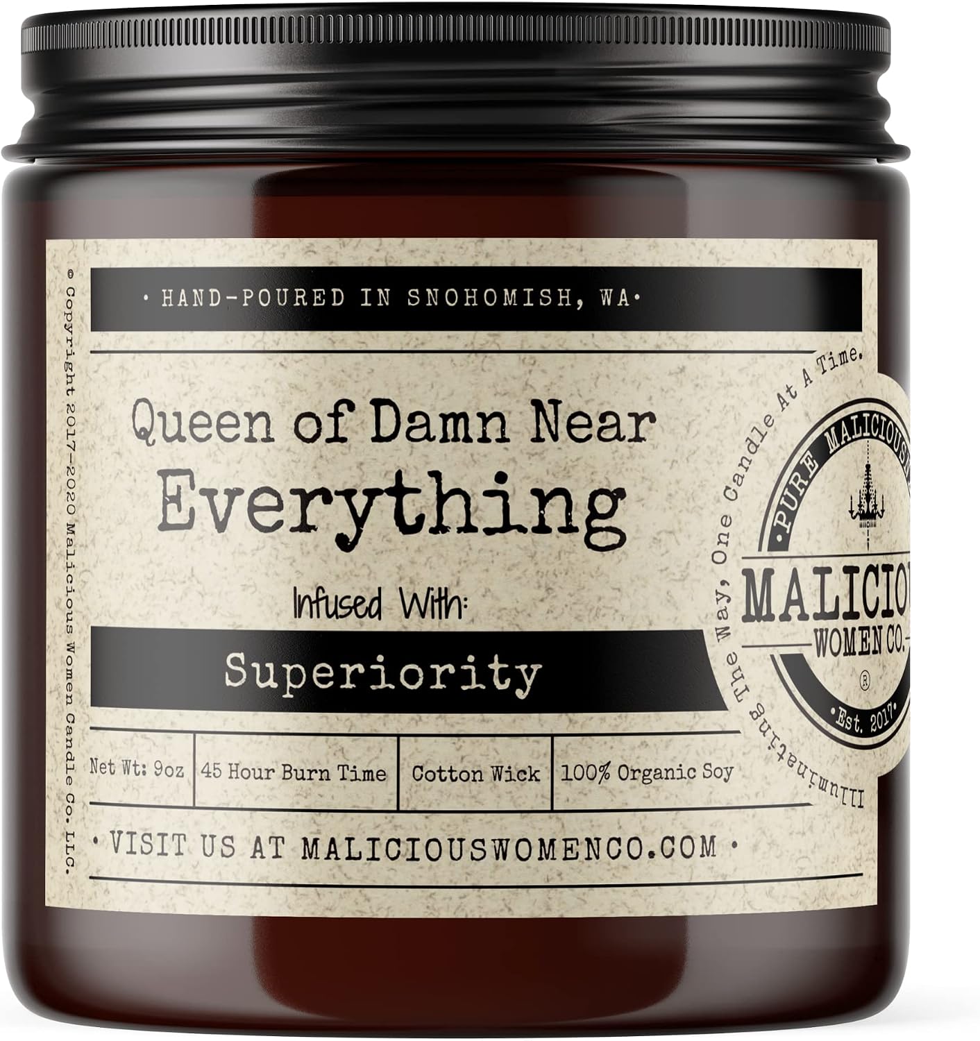 Malicious Women Candle Co - Queen of Damn Near Everything, Rebel Rose Infused with Superiority, All-Natural Soy Candle, 9 oz