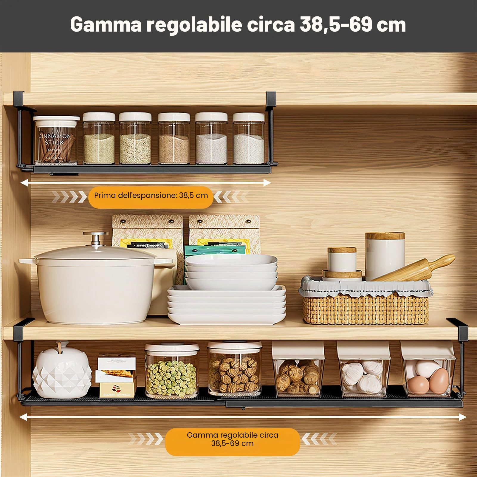 Cestello Portaoggetti Sotto Il Ripiano, Cesto Portaoggetti Estensibile Sotto Mensola, Organizer Dispensa Multifunzionale Cesto sotto Ripiano per Cucina, Ufficio, Dispensa, Bagno, Armadio(Nero)