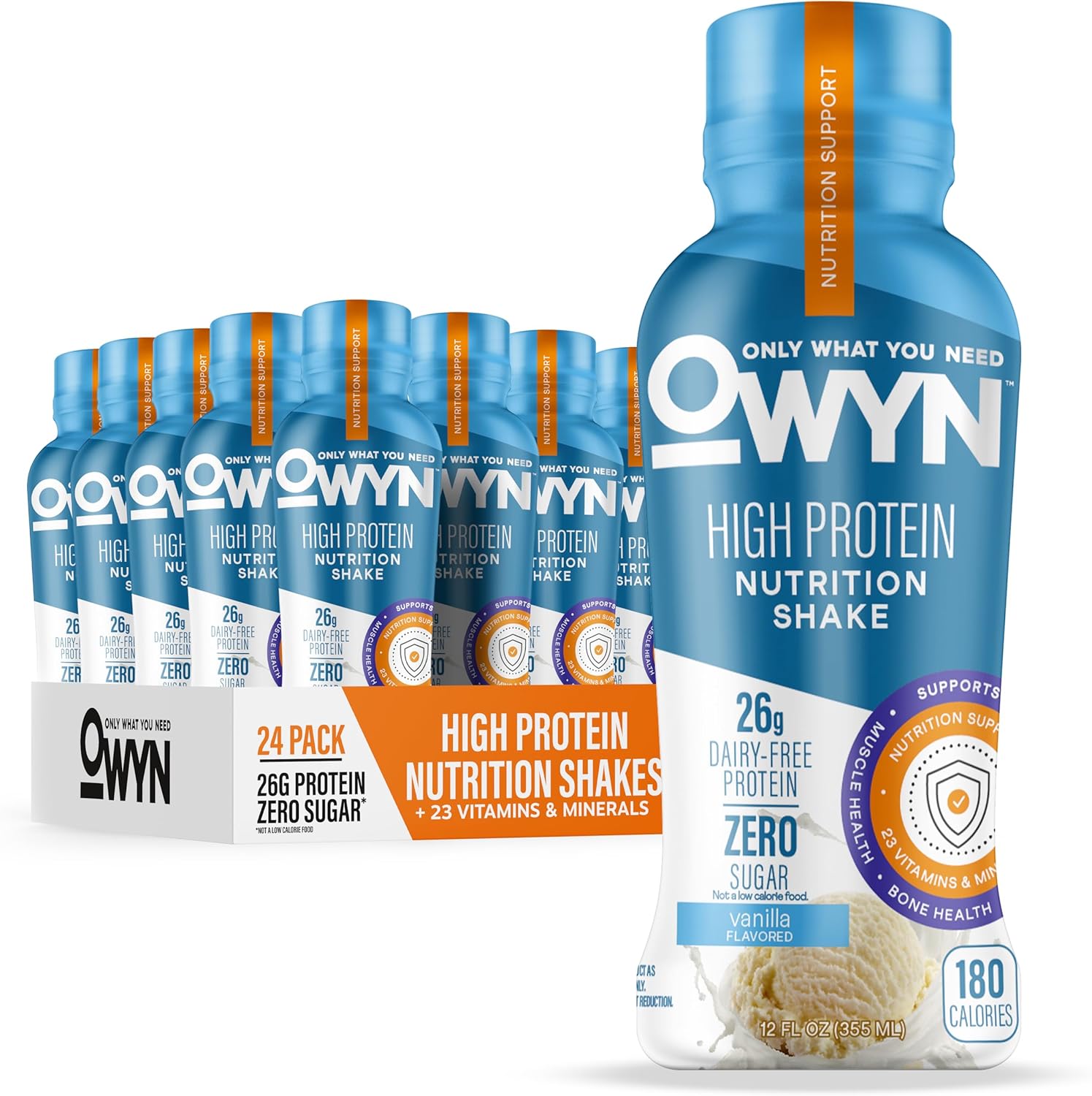 OWYN Only What You Need High Protein Shake, Vanilla Flavored, 26g Protein, 0g Sugar, 3g Fiber, Dairy Free, Plant Based Protein Drink, 12 Count