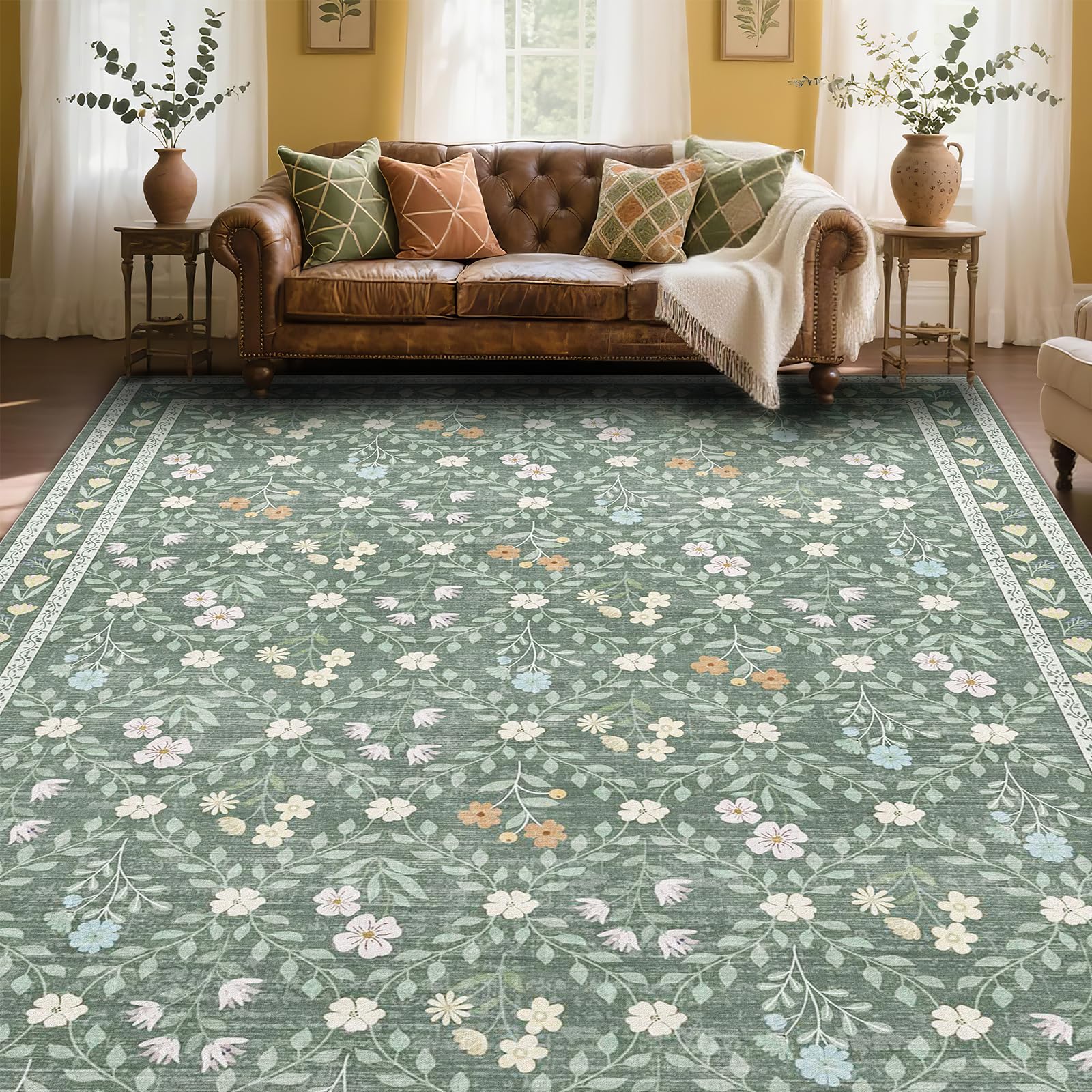 Floral Rugs for Living Room, Boho Washable Area Rugs for Bedroom, Non Slip Vintage Rugs for Dining Room Home Office, Soft Low Pile Rug Floor Carpet for Home Decor, 150x210 cm, Green/Lattice