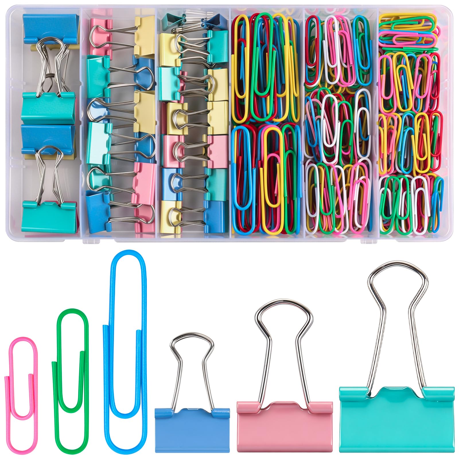 Caianwin 300 PCS Paper Clips Set, 40/32/25mm Coloured Bulldog Clips, 55/33/28mm Coloured Paper Clips, Foldback Clips, Binder Clips for Documents, Notes, Tickets – Office, School & Home Paper Clamps