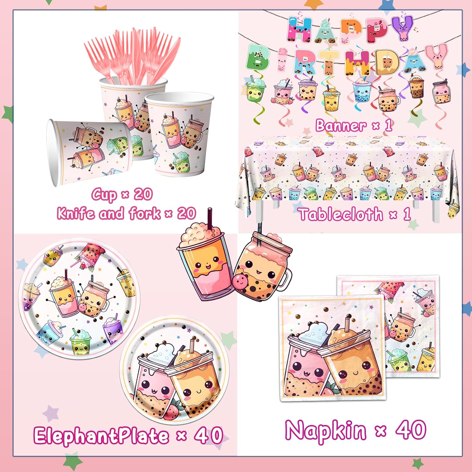 Boba Tea Party Decorations,Bubble Tea Birthday Tableware Set Include Boba Tea Plate Napkins Cups Banner Tablecloth and Boba Tea Hanging Swirls for Boba Birthday Party Decorations