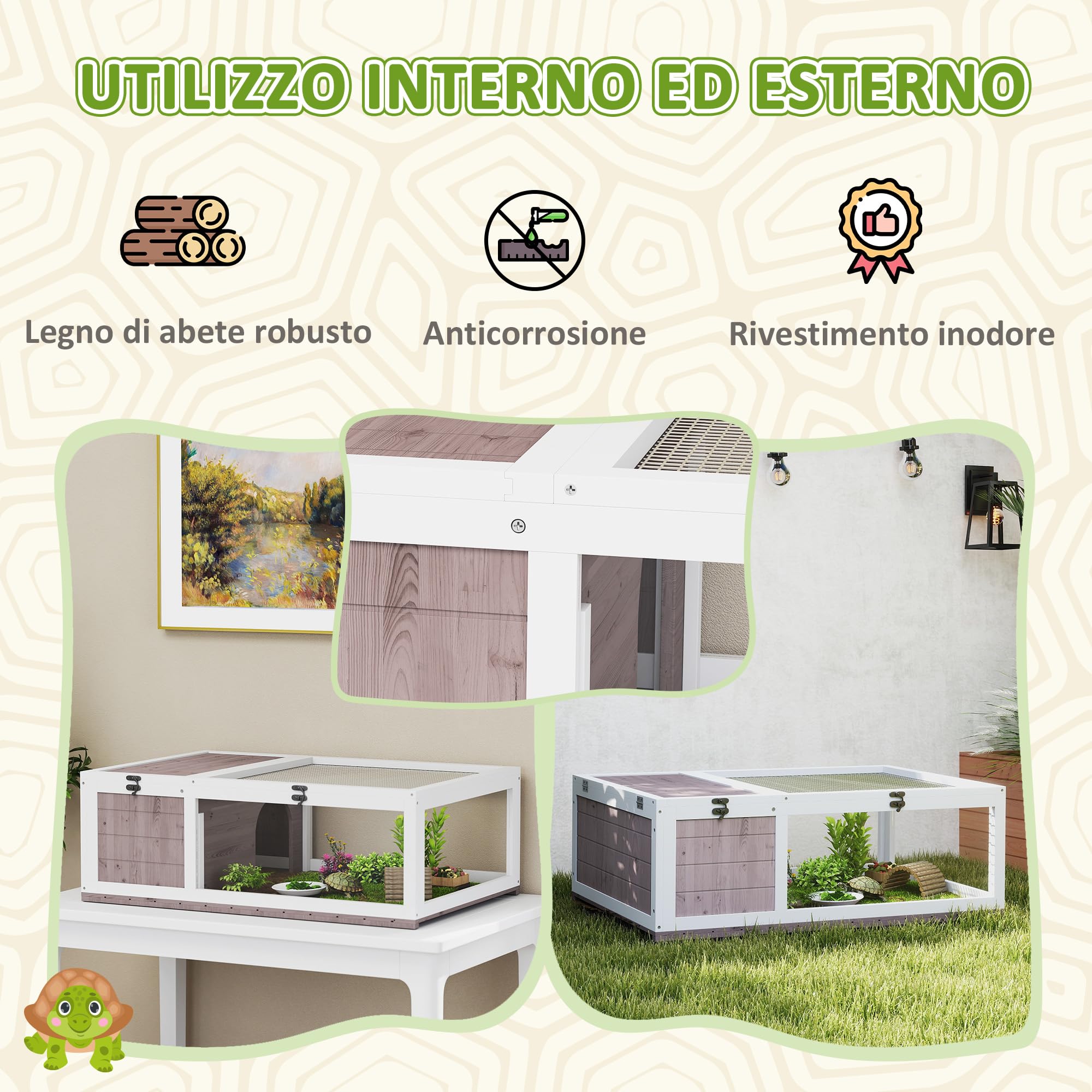 PawHut Casa per Tartarughe di Terra con Pannello Apribile e 2 Spazi Separati, Terrario Tartarughe di Terra in Legno di Abete e Acciaio Zincato, 91x60.5x32 cm, Marrone Chiaro