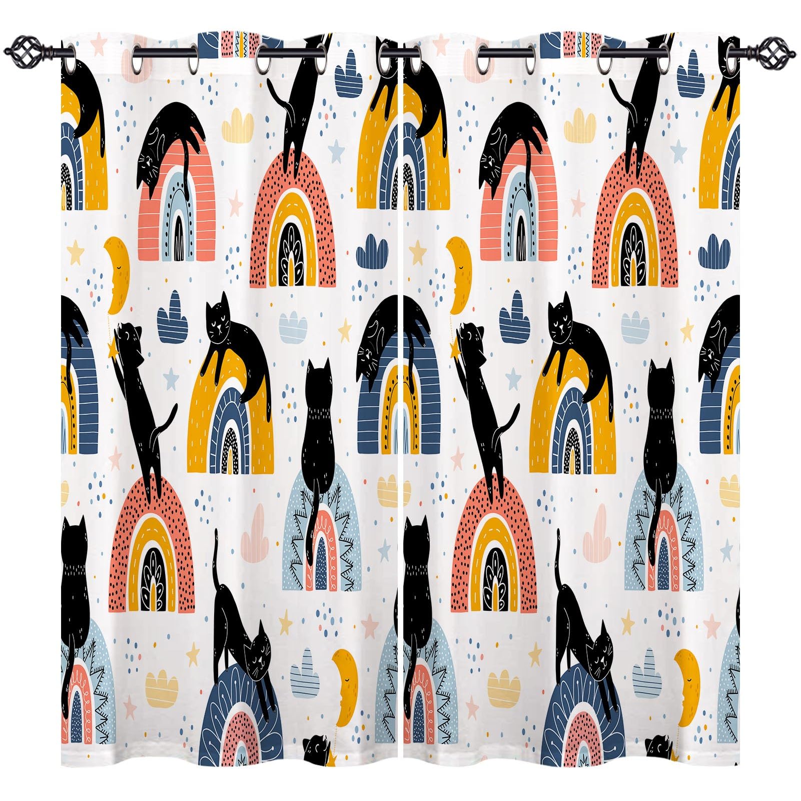 ANHOPE Custom Size Curtains Eyelet or Rod Pocket Customized Thermal Insulated Blackout Curtains Animal Black Cat Fantasy Rainbow Print Pattern Personalized Drapes for Bedroom Living Room 2 Panels