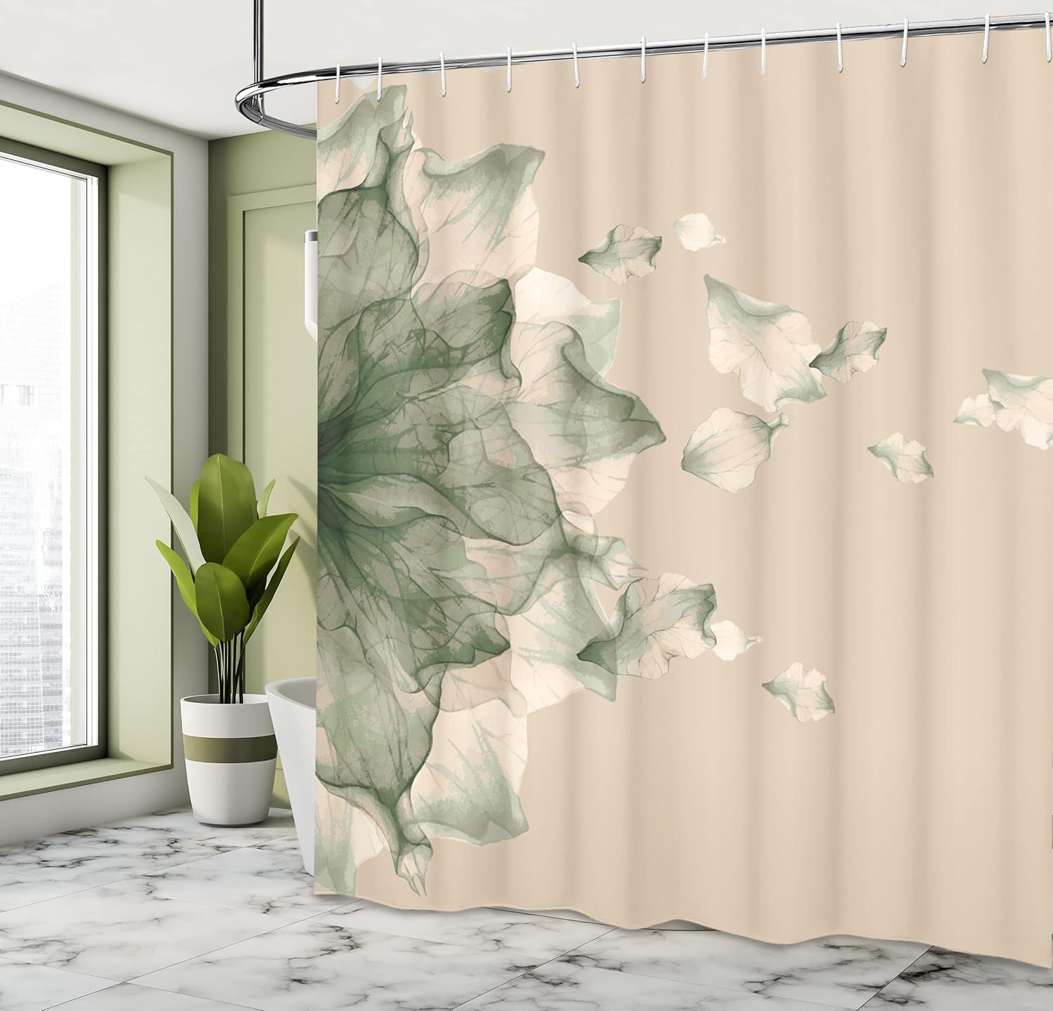 Ambesonne Flower Shower Curtain, Abstract Themed Modern Futuristic Image with Water Like Colored Artwork Print, Cloth Fabric Bathroom Decor Set with Hooks, 69" W x 70" L, Sage Green