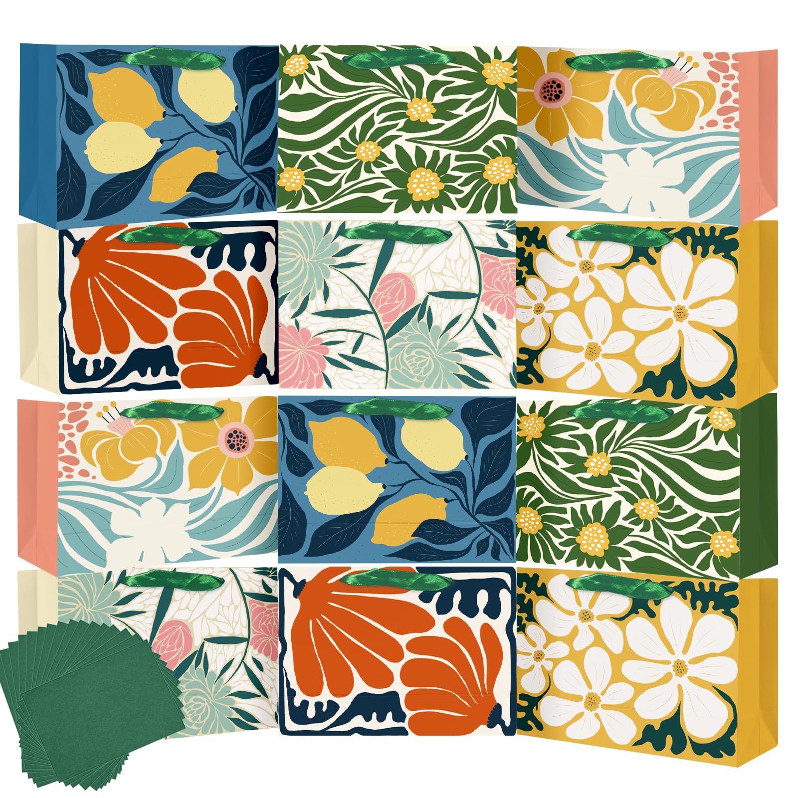 qiqee 12PCS Clash Flowers Paper Gift Wide Bags with Tissue Paper Handles Small Size 6.3"x4.7"x2.4" （12pcs Bags +Tissue Paper ）