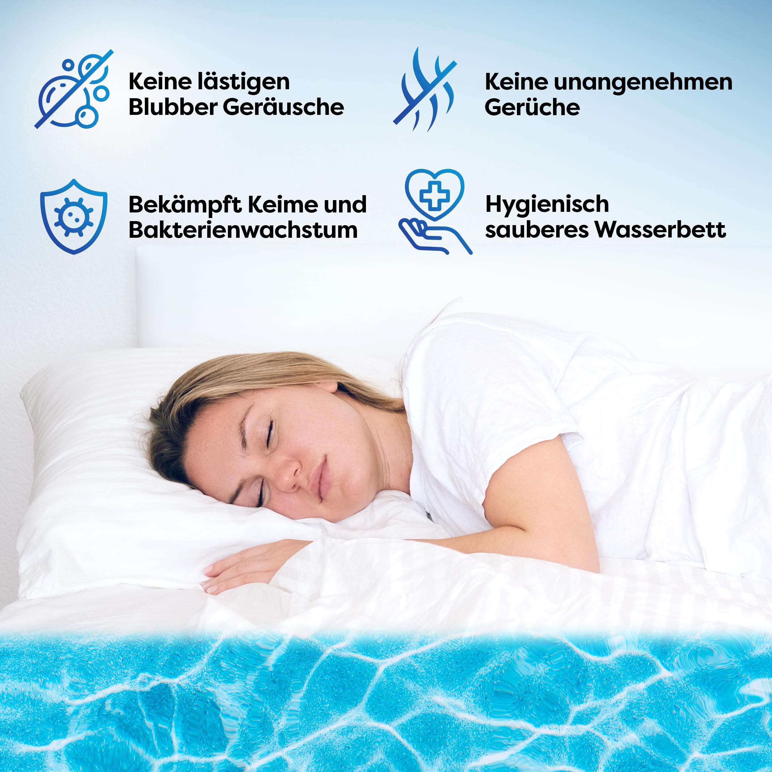 Wasserbett Conditioner Premium Care – 4x 250ml – Wasserbetten Konditionierer gegen Gerüche & Algen, Pflege für alle Wassermatratzen & Systeme aller bekannten Hersteller