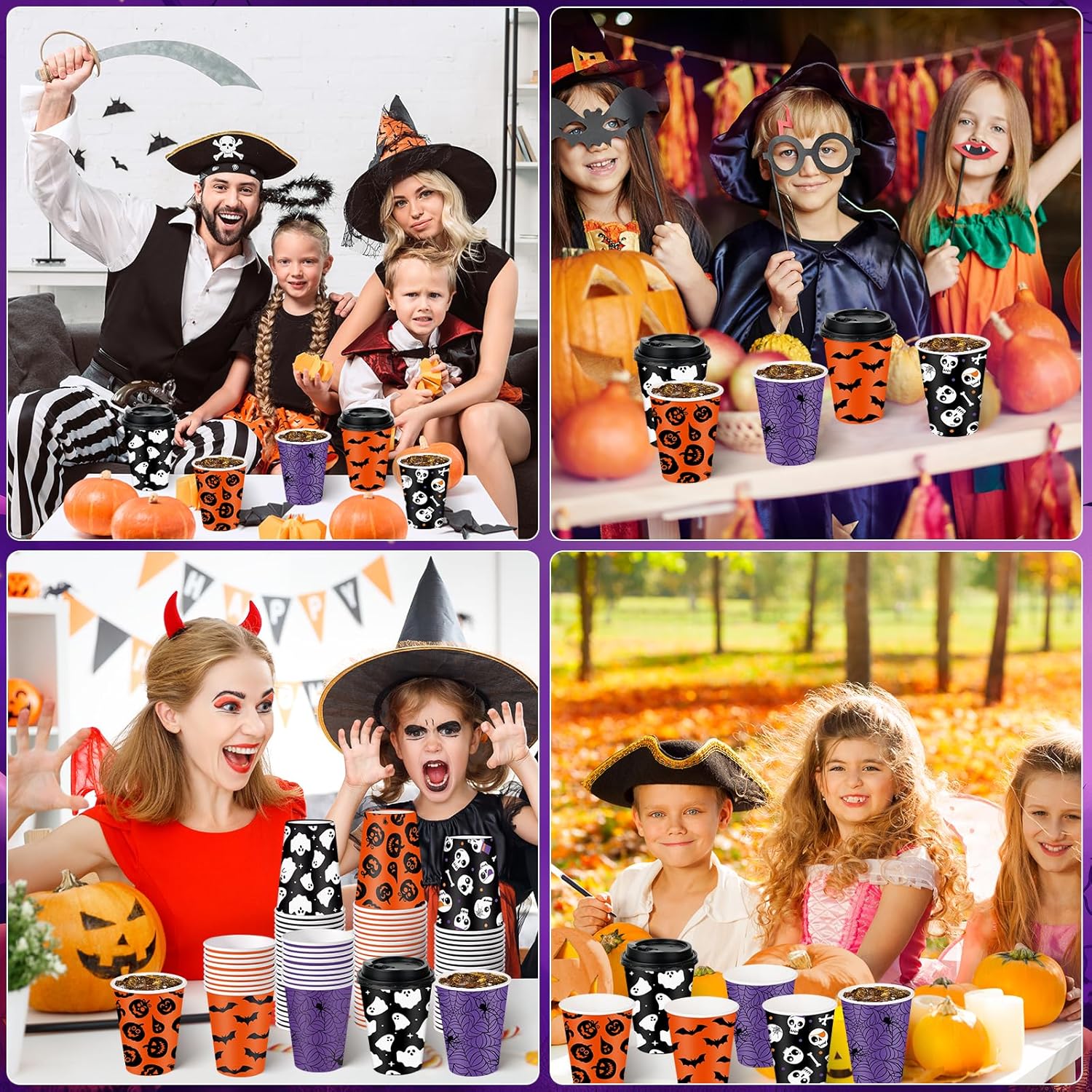 100 Set Halloween Disposable Coffee Cups with Lids 12oz, Bulk Black Orange Pumpkin Ghost Bat Disposable Party Paper Cups for Hot Chocolate Cold Drinks Halloween Birthday Party Supplies Decorations