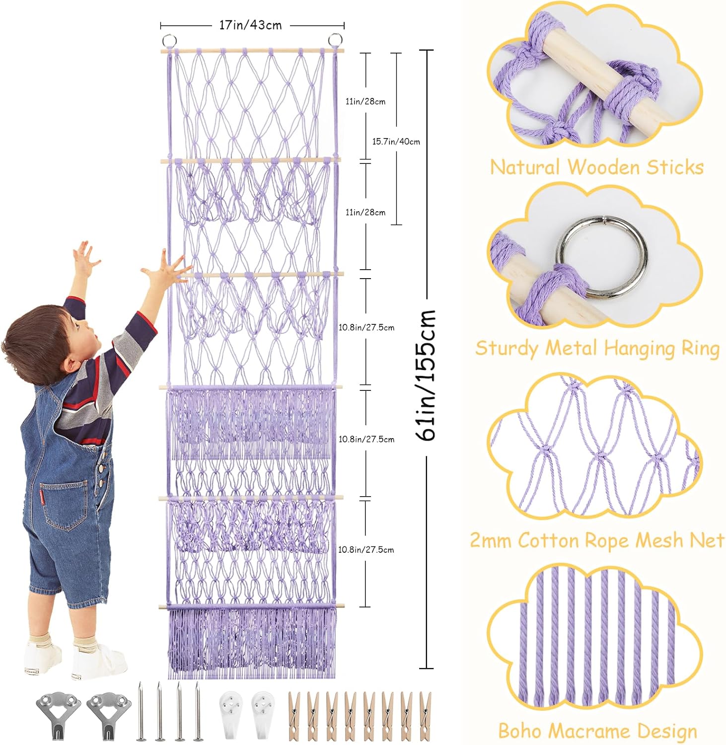 5 Tier Stuffed Animal Storage Shelf Net, 17x61 Inch Large Plushie Net w/LED Light & Clips for Mini Medium Stuffy Teddy, Purple Boho Macrame Wall Toy Holder Display for Nursery Kids Girls Boys