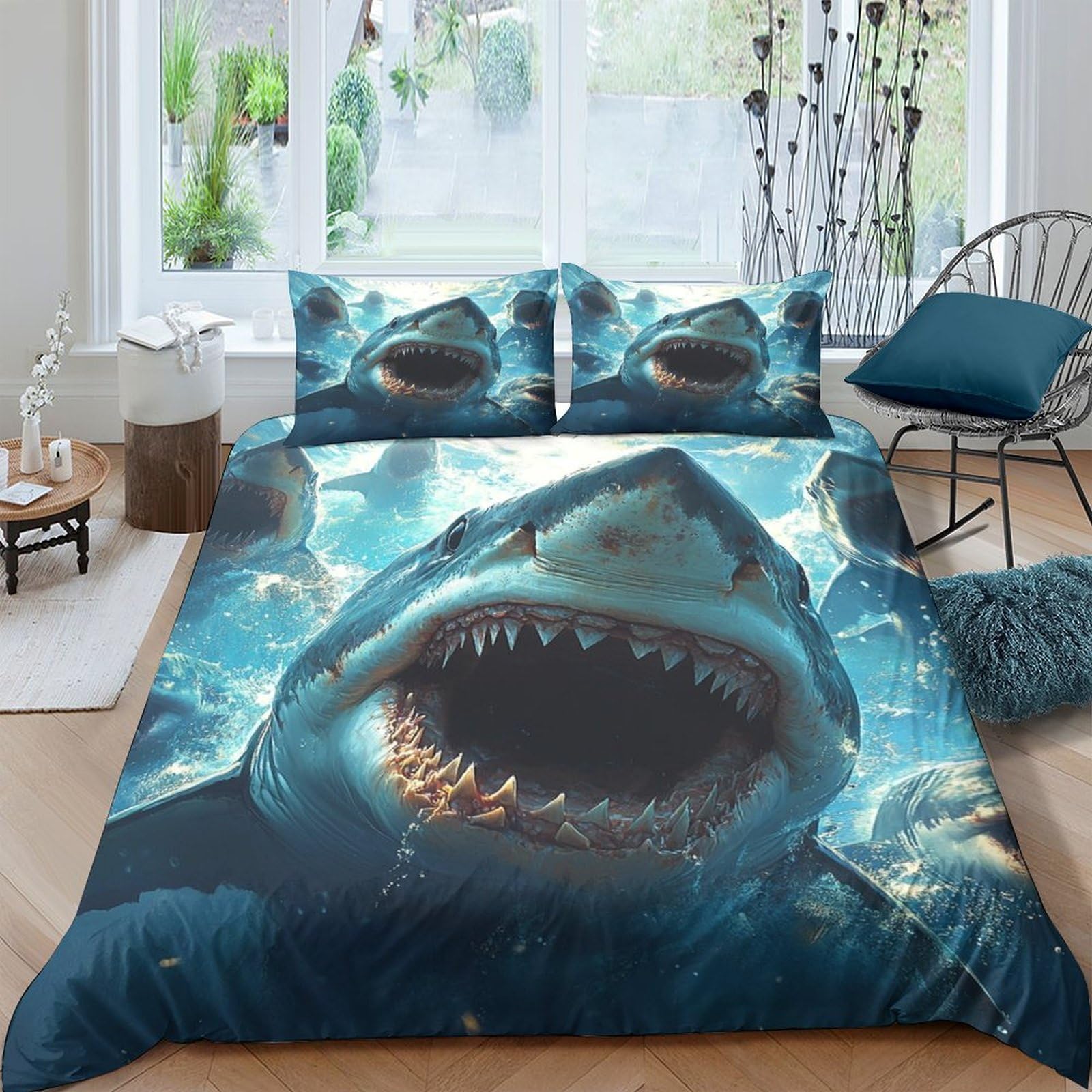 GPLZQXKJNH 3D Printed Shark Ocean Duvet Cover Microfiber Soft Breathable Underwater Bedding Set with 2 Pillowcases for Bedroom Decor Single（135x200cm）