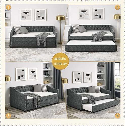 Miniatura 7 de Sofá cama individual con nido, marco de cama moderno de madera con botón copetudo y cabeza de clavos, sofá cama tapizado con nido extraíble para