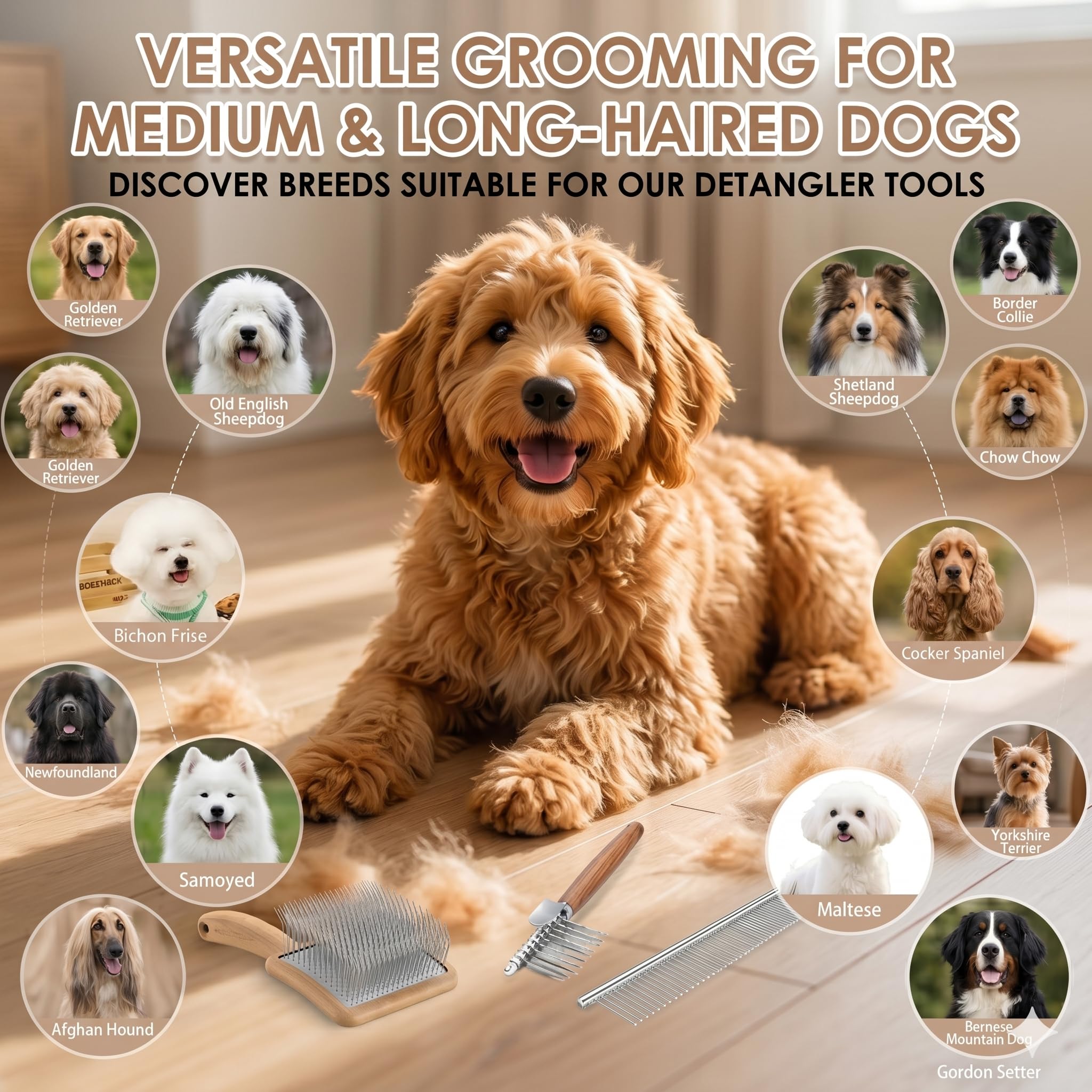 Cepillo largo para perros para caniches, garabatos dorados y gatos, kit de aseo de 3 piezas con peine para desenredar y peine para mascotas, mango de madera grande para eliminar el pelo