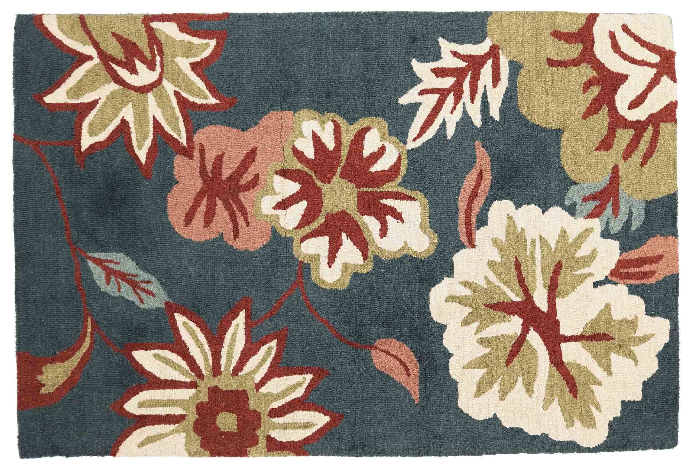 Tapis en laine motif floral fait main 120x180 bleu d'artisanat moderne