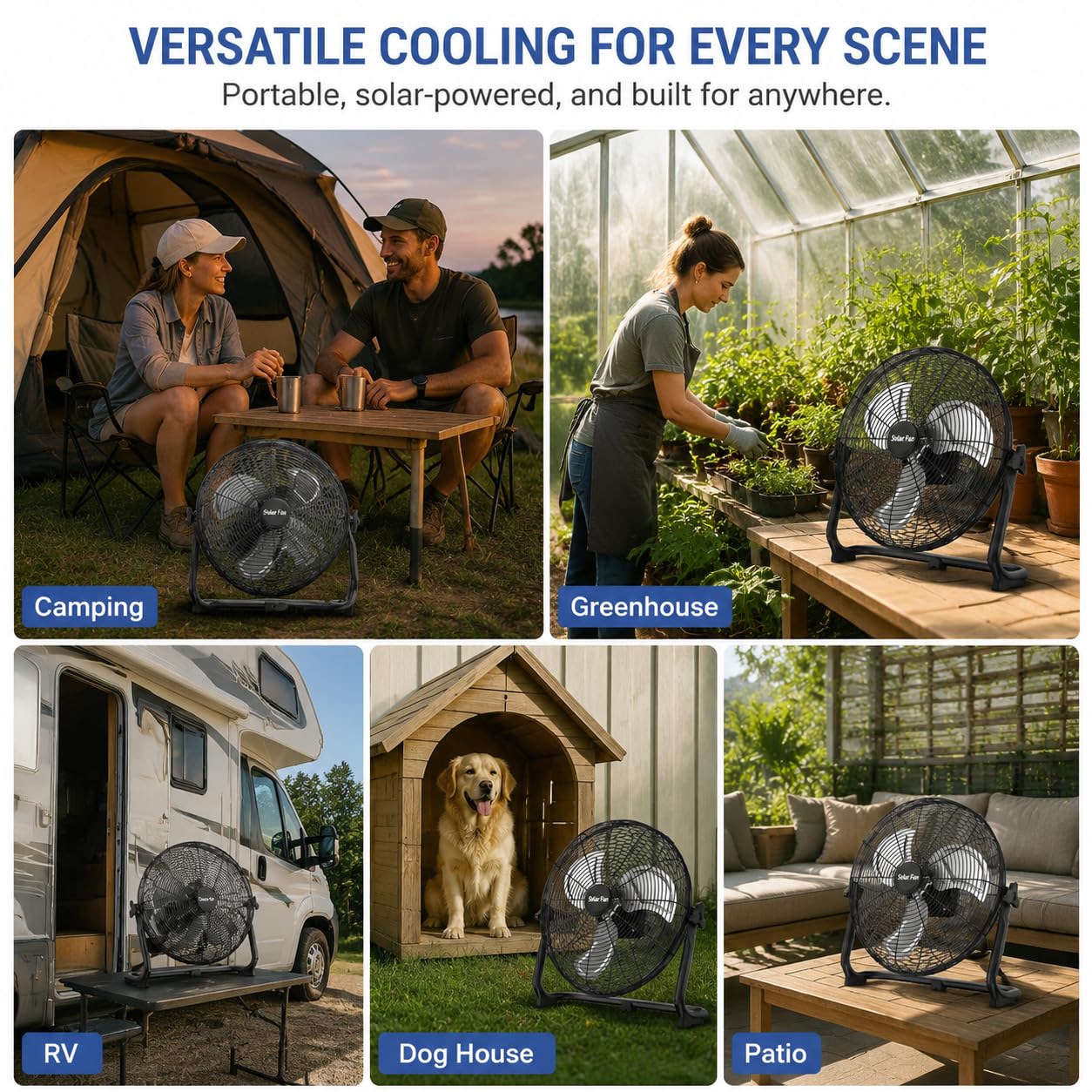 Solarbetriebener Ventilator – 40,6 cm hohe Geschwindigkeit, wiederaufladbarer, kabelloser Bodenventilator mit 60-Stunden-Batterie, Solarpanel/AC-Ladung, tragbarer Outdoor-Metall-Industrieventilator