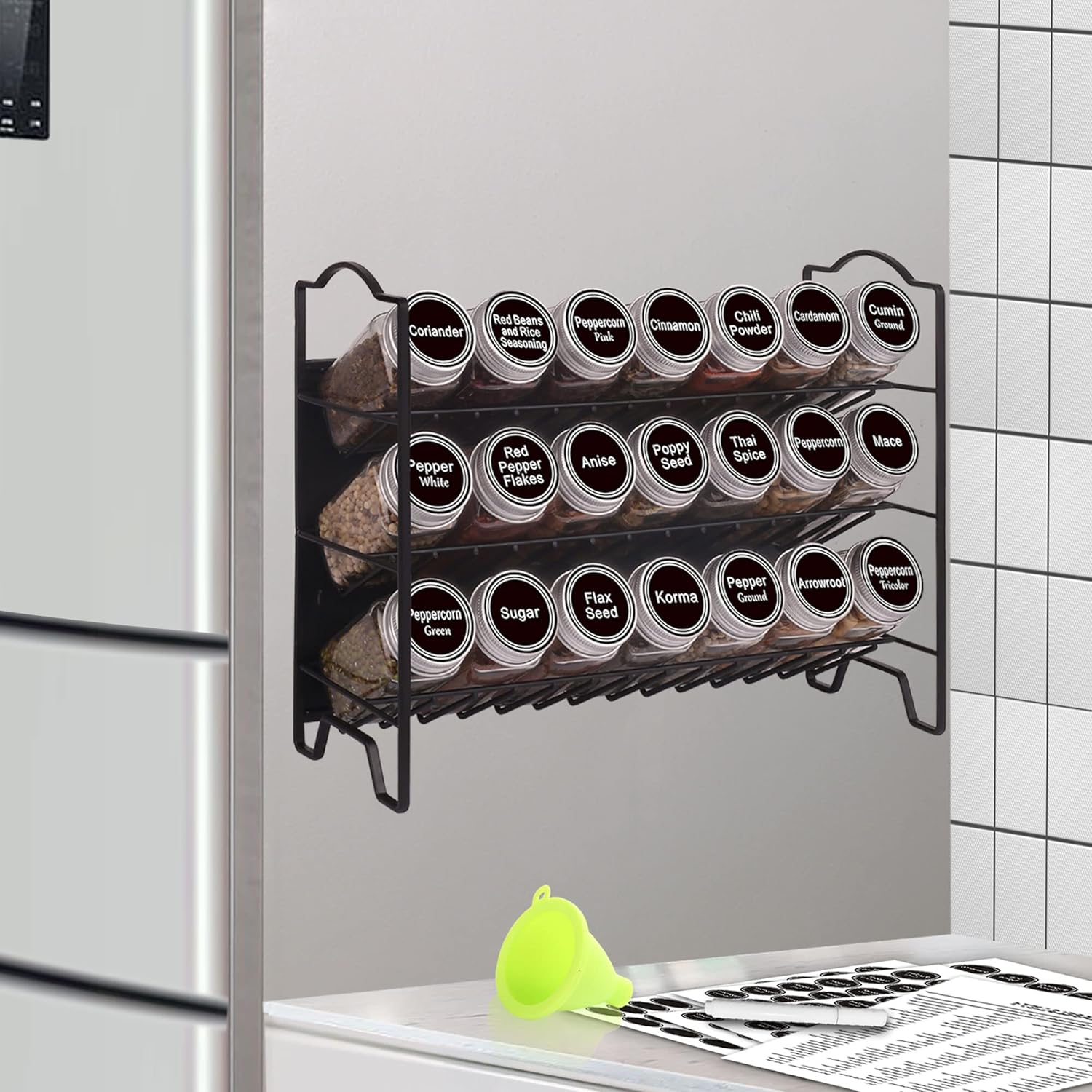 SWOMMOLY Magnetic Spice Rack for Refrigerator with 21 Spice Jars, 396 Spice Labels Set, 3 Tier Spice Rack Organizer for Cabinet, Countertop, Fridge, Pantry, Black