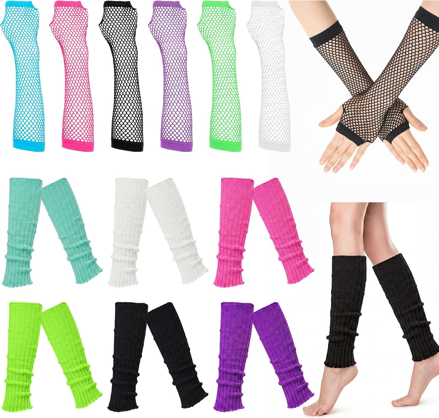 Shyyween 6 Sets 80s Leg Warmers for Women with Fishnet Gloves Fingerless