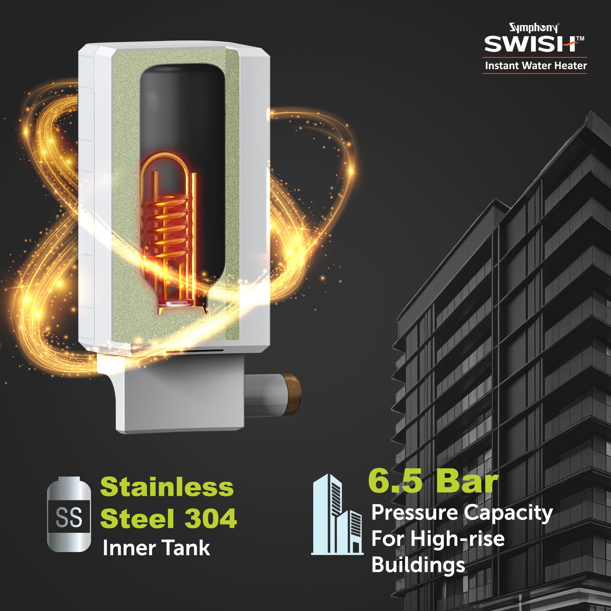 Symphony Swish 5.9L Instant Water Heater | 3KW Heating |With 9 Layer PUROPOD Water Filter | Hair Fall Control Geyser | High Rise Compatible| Copper Heating Element| | Free Installation 3