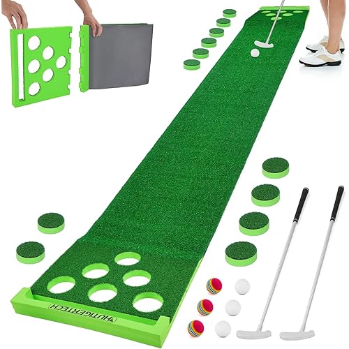 Golf Putting Green Mat with Auto Ball Return, Crystal Velvet Mat and Solid Wood Base, Mini Golf Game Practice Equipment Training Mat for Home Office Indoor Outdoor Use
