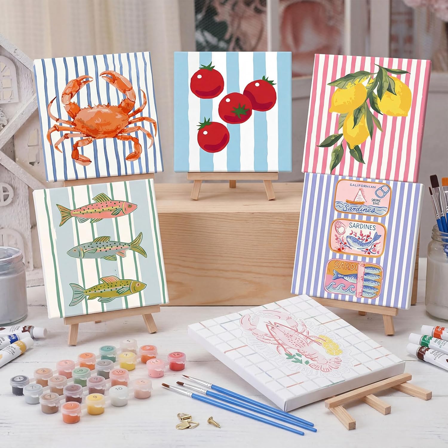 YooNotee 6 Pack Vintage Fruit Paint by Numbers Kit on Canvas with Wooden Easels & Brushes, 8 x 8 Inch Boho Kitchen Adult Paint by Number Kits on Canvas, DIY Acrylic Watercolor Oil