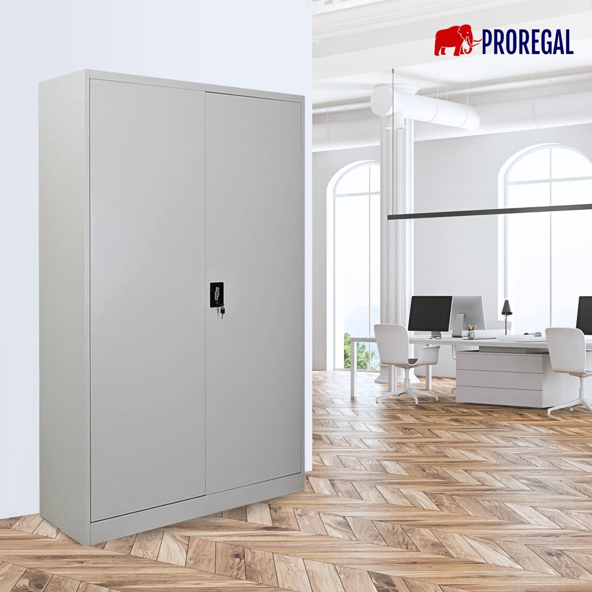 PROREGAL Armoire à Portes battantes Elephant entièrement monté classeur métallique verrouillable 2 Portes 180x120x40cm 4 Niveaux en Acier Gris Clair