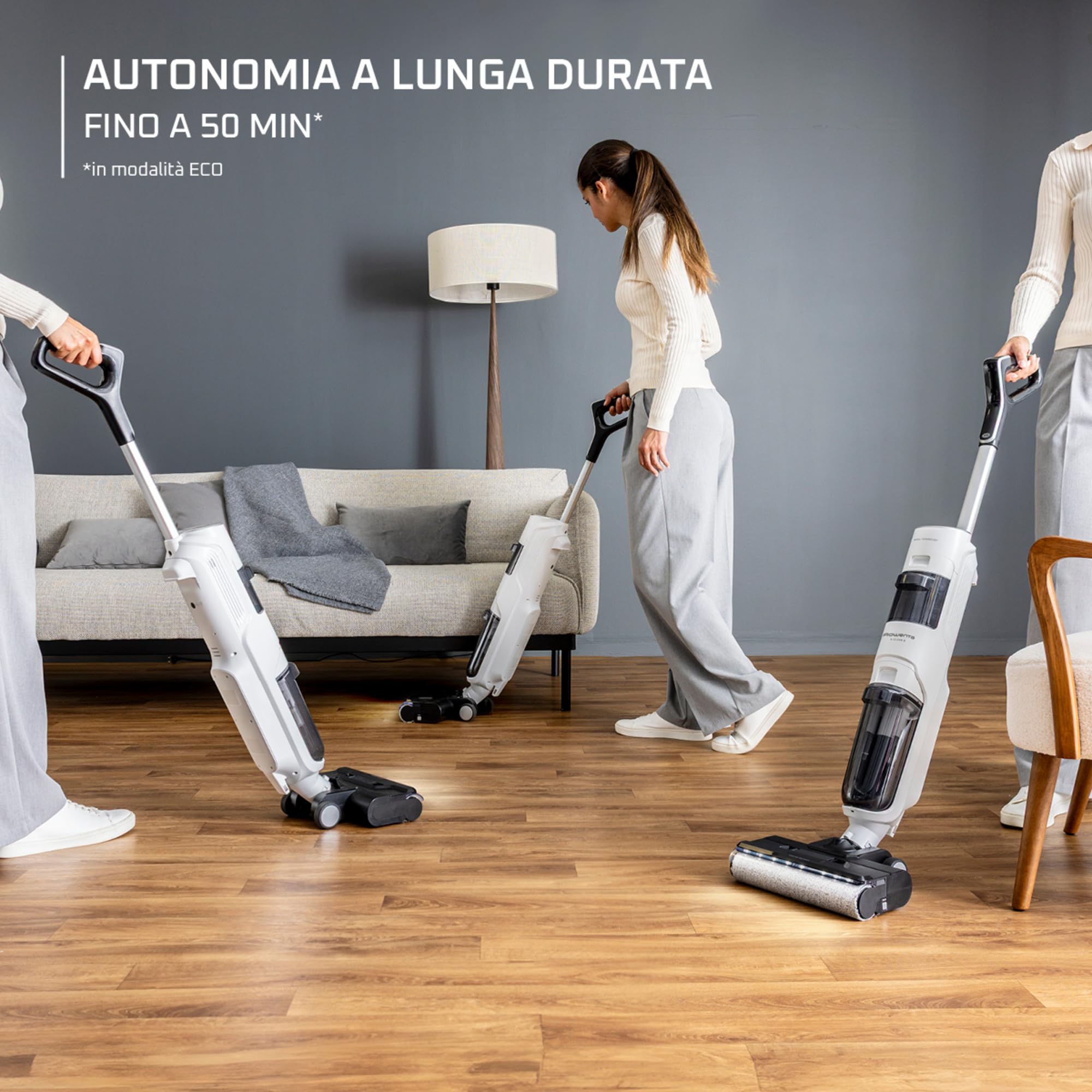 Rowenta X-Clean 5, Lavapavimenti Senza Fili, Aspira e Lava fino a 50 Minuti, Tecnologia Smart, Autopulizia e Asciugatura a 60°, con Assistente Vocale e Accessori Inclusi, Colore Bianco Neve, GZ5557