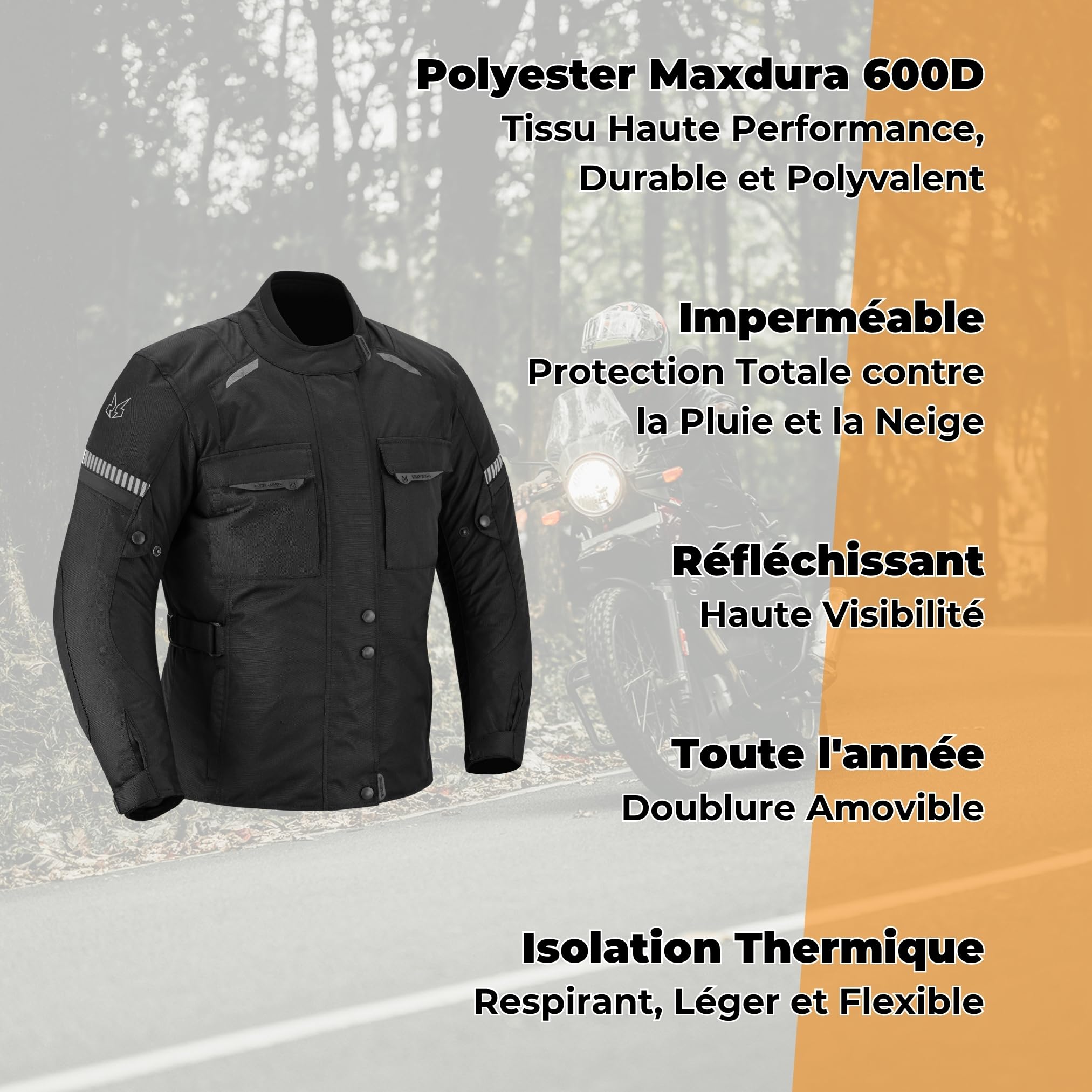 Veste Moto Homme 4 Saisons pour Hiver et Été - Imperméable et Respirant - Avec Protections aux Épaules, Coudes et Dorsale