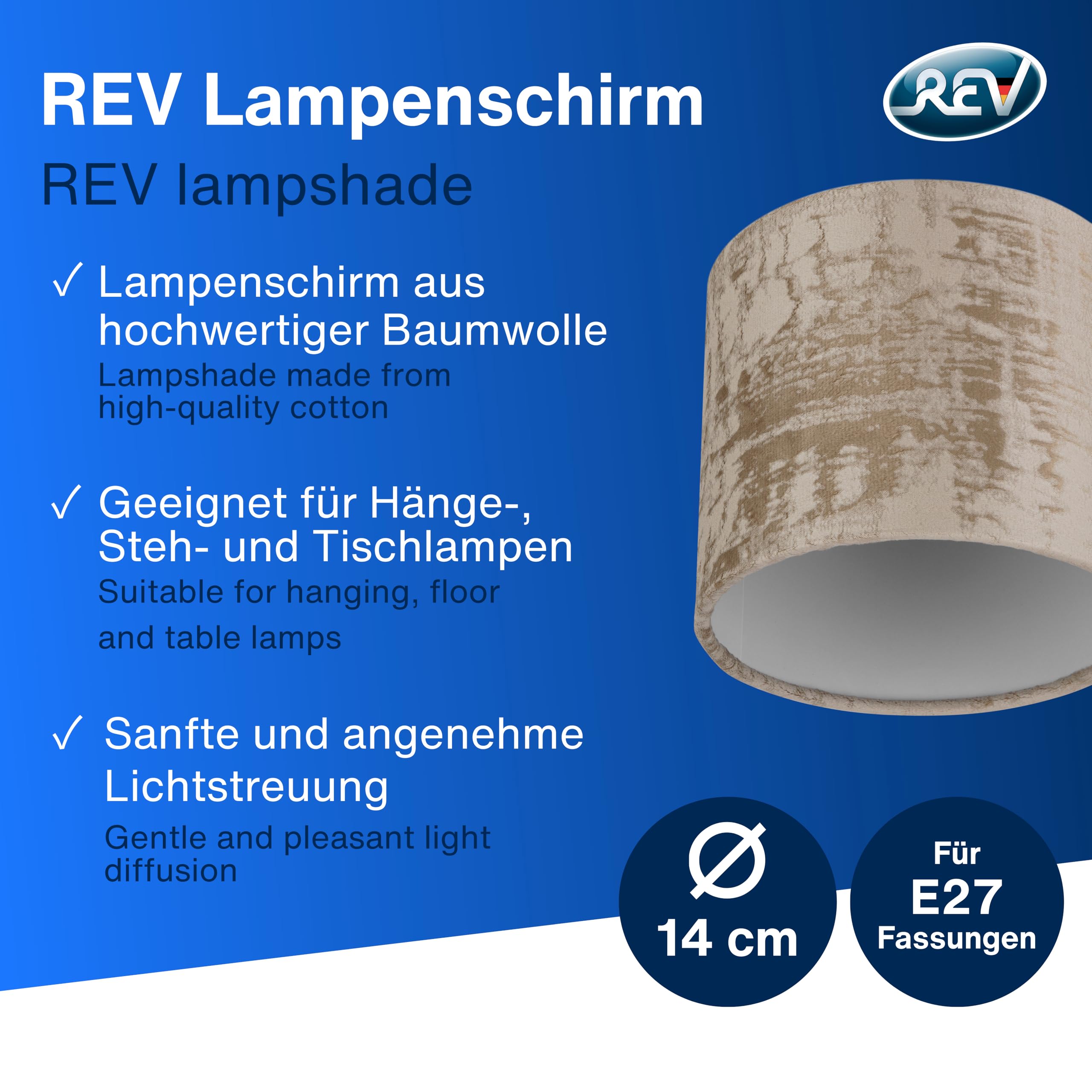 REV Paralume di ricambio rotondo in stile vintage in cotone di alta qualità, diametro 14 cm, per lampada a sospensione e lampada da tavolo, attacco E27, tortora