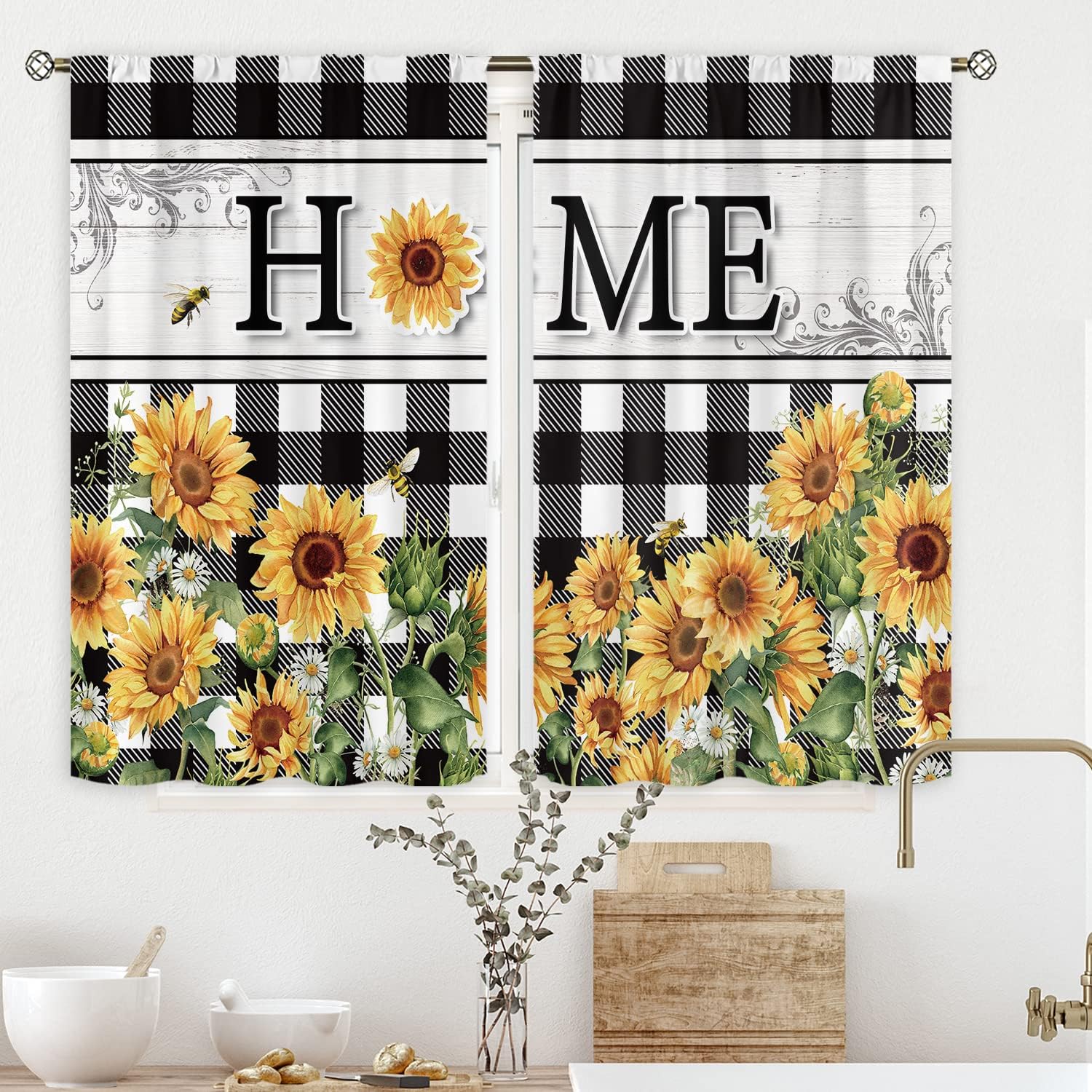Cinbloo Rustic Sunflower Kitchen Curtains 27.5Wx39H Inch Rod Pocket Farmhouse Flower Buffalo Plaid Yellow Floral Country Plant Botanical Spring Black White Small Bedroom Window Drapes Fabric 2 Panels