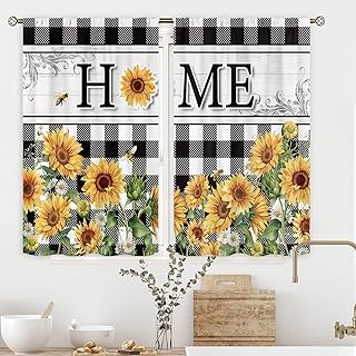 Cinbloo Rustic Sunflower Kitchen Curtains 27.5Wx39H Inch Rod Pocket Farmhouse Flower Buffalo Plaid Yellow Floral Country Plant Botanical Spring Black White Small Bedroom Window Drapes Fabric 2 Panels - Buy now