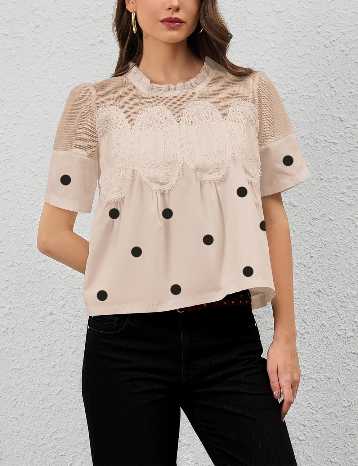 Women’s Lace Flared Short Sleeve Blouse Lace Poplin Ruffle Mesh Crew Neck Swing Babydoll Tops Elegant Loose Shirts - Image 3