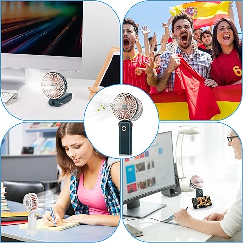 Vista 7 de Ventilador de mano, ventilador portátil recargable por USB con 3 velocidades, funciona con pilas, mini ventilador de escritorio plegable con soporte