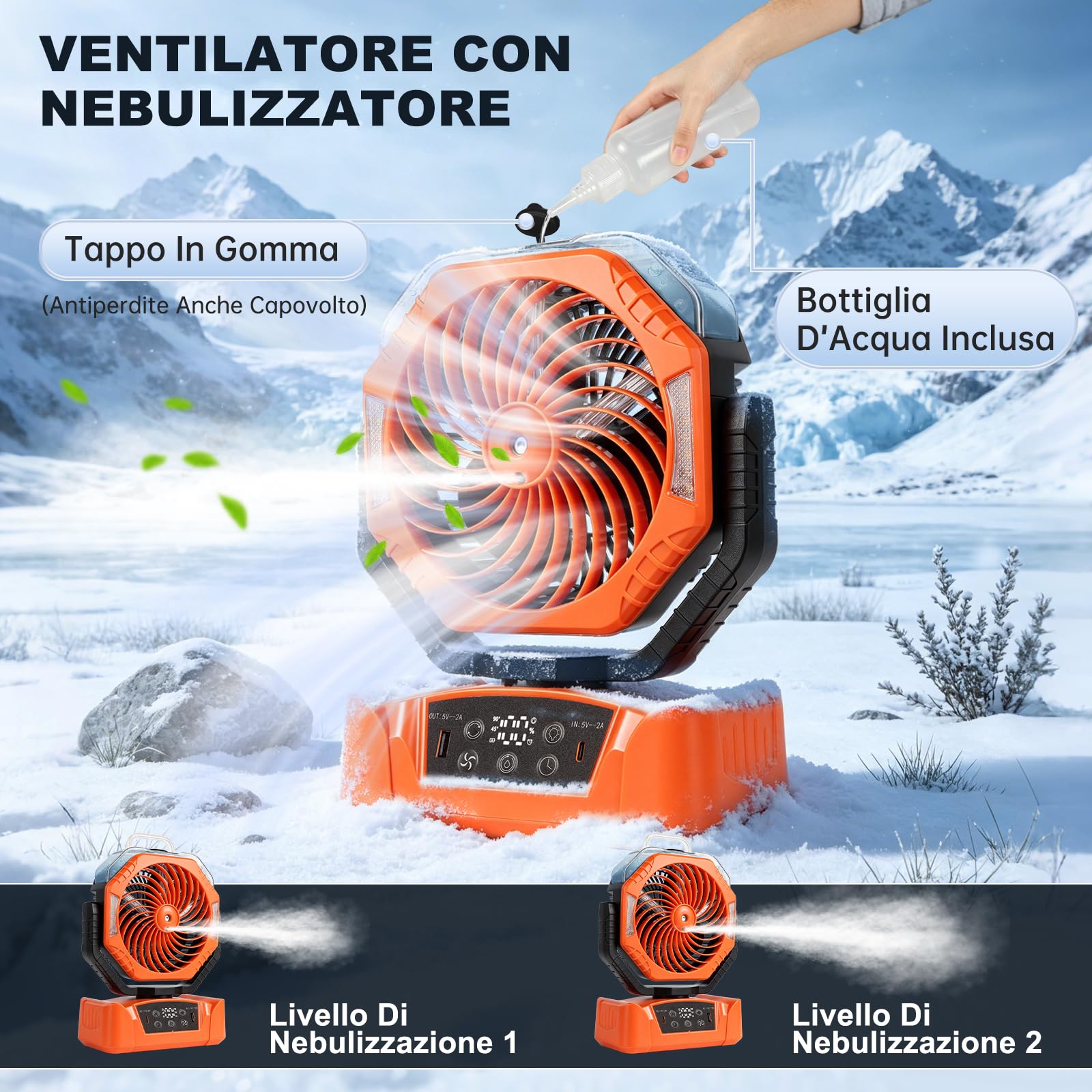 JONRRYIN Ventilatore da Campeggio 20000mAh, Ventilatore Ricaricabile con Nebulizzazione USB, Ventilatore da Tavolo con 6 Modalità Luce, 6 Velocità, Rotazione 270°, per Camper e Tenda
