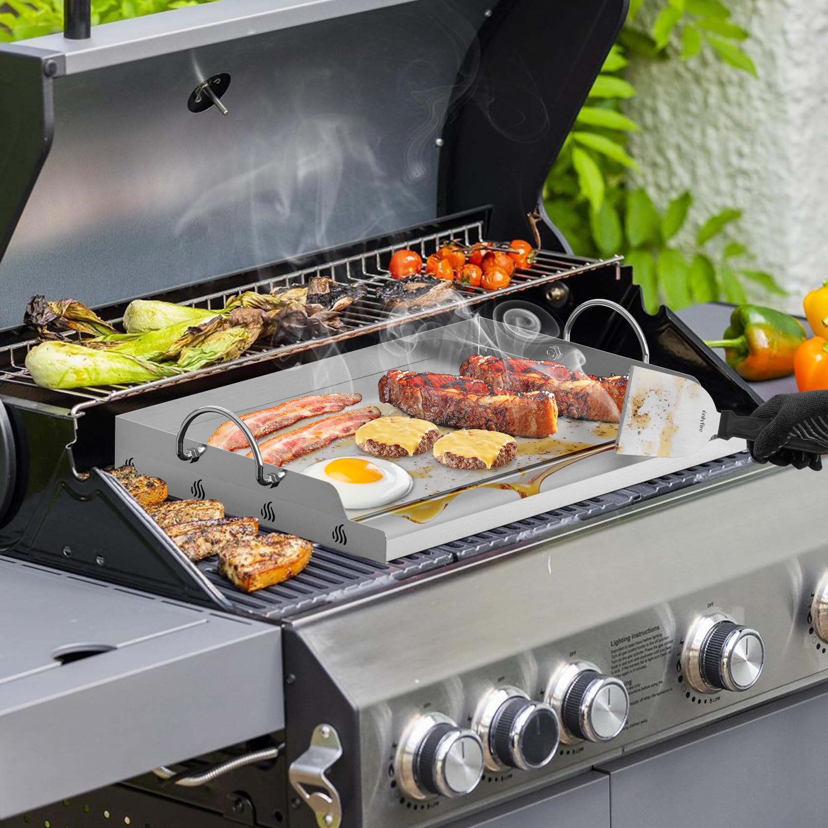 Onlyfire Plaque Plancha en Inox avec Spatules et 2 Éponges de Nettoyage, 50 x32 x7 cm, Plaque de Cuisson Universelle pour Barbecue, Rectangulaire, Poignée Amovible