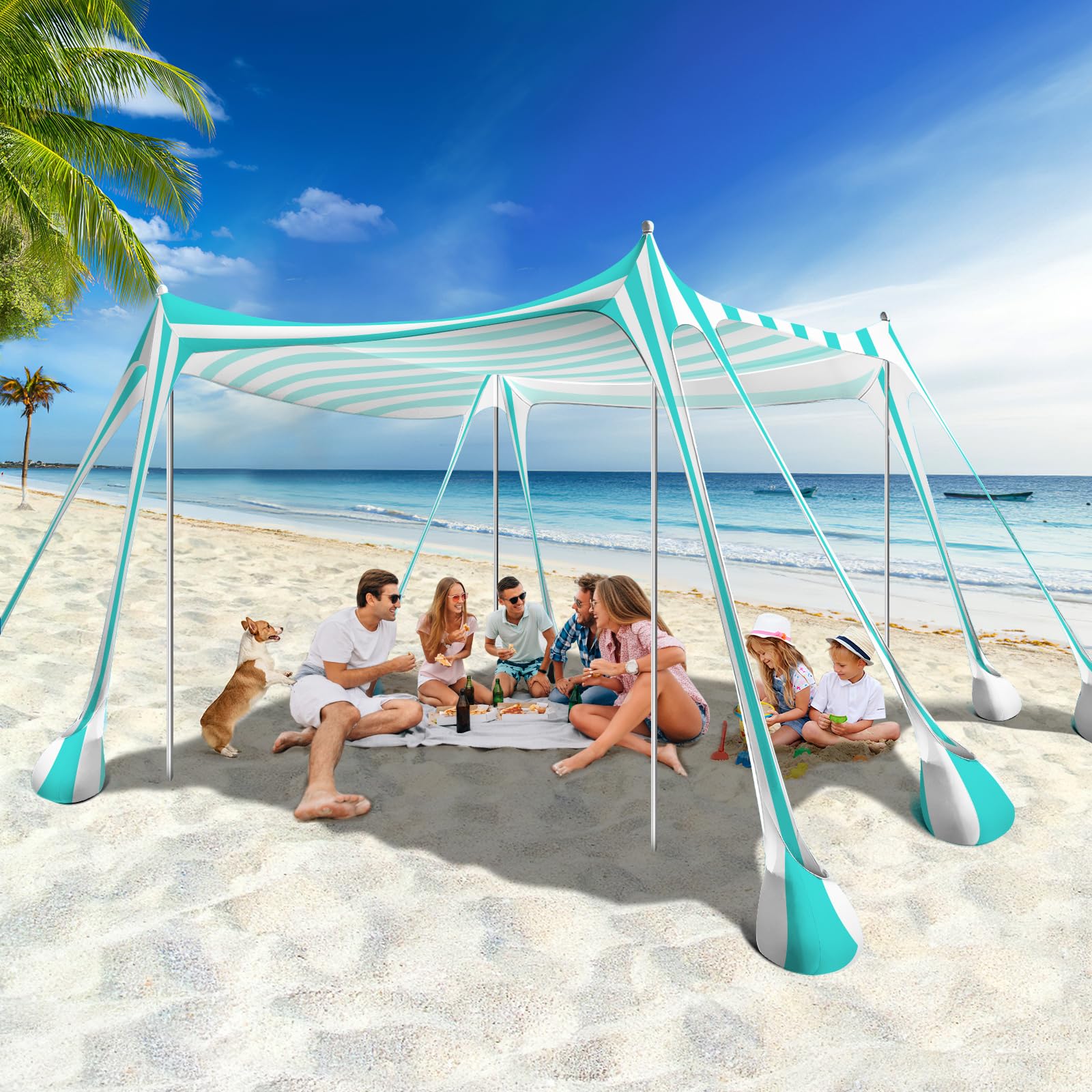 Rhino Valley 3x3m Tenda da Spiaggia Ultra Stabile Portatile, Protezione UV UPF50+ Tenda da Mare Super Antivento con 8 Ancoraggi a Sabbia Riempibili e 4 Aste in Alluminio