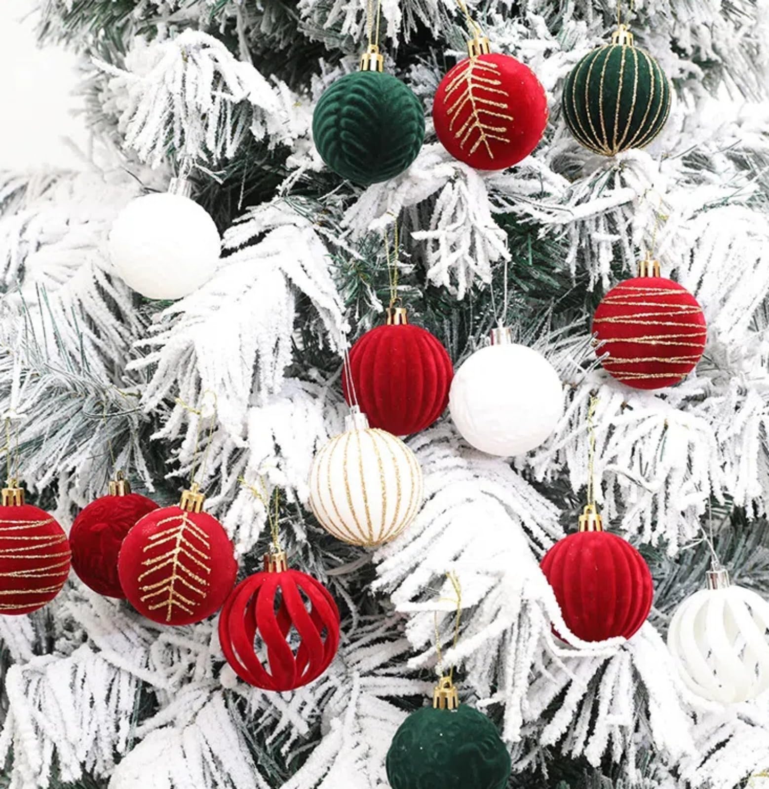 12 stuks fluwelen kerstballen, assortiment geflockte kerstversiering voor de kerstboom