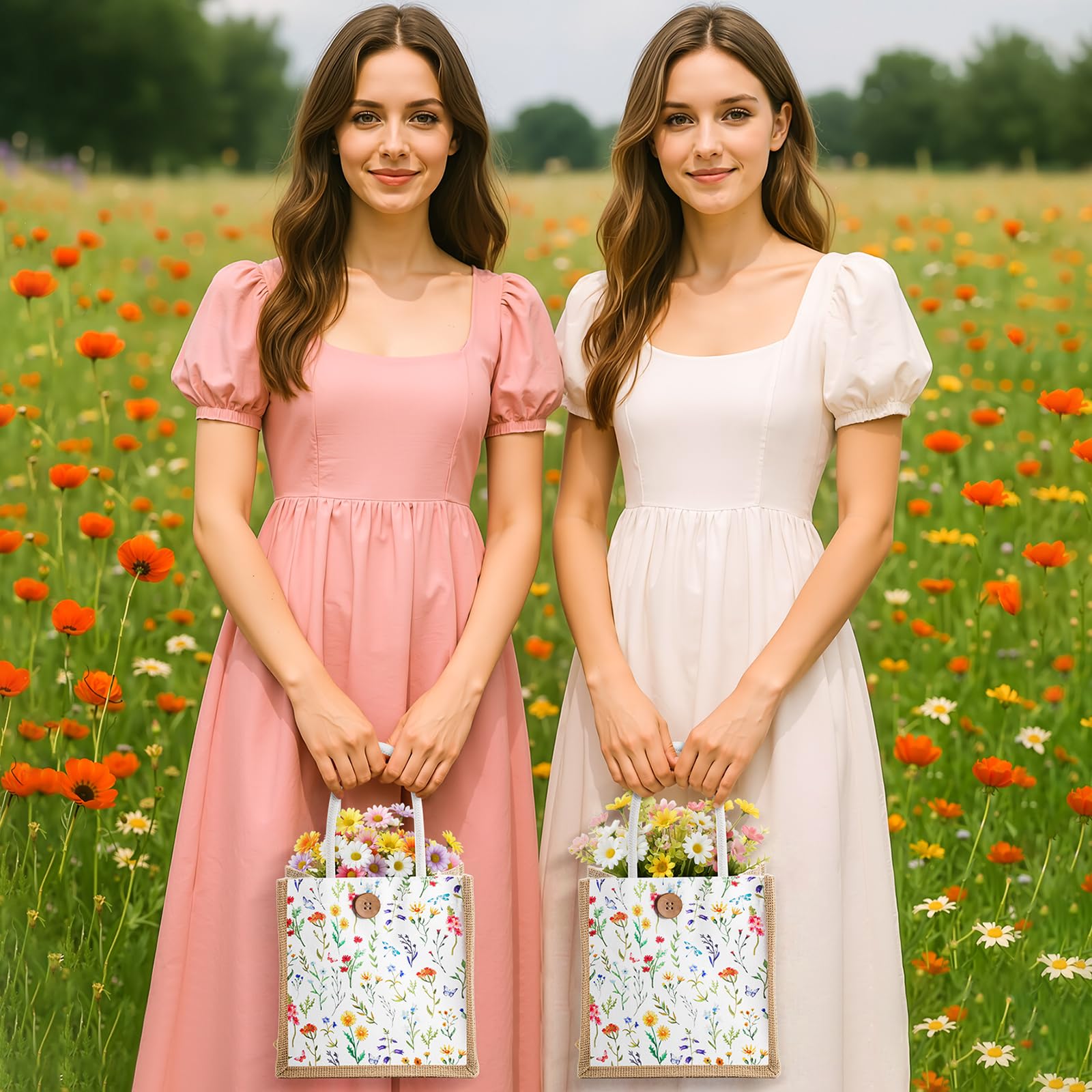 Abbylike Lot de 12 mini sacs cadeaux floraux réutilisables en toile de jute Cielito Lindo avec poignée et bouton pour printemps, mariage, fête prénuptiale, fête (aquarelle)