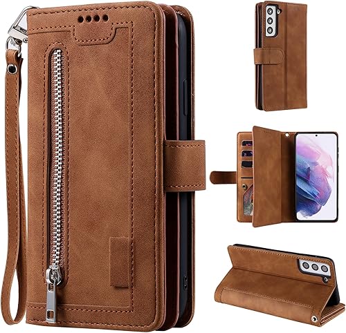 Miniatura 49 de UEEBAI Funda para Samsung Galaxy S21 FE 5G, 9 ranuras para tarjetas, cartera de cuero retro a prueba de golpes, con correa de mano, ranuras