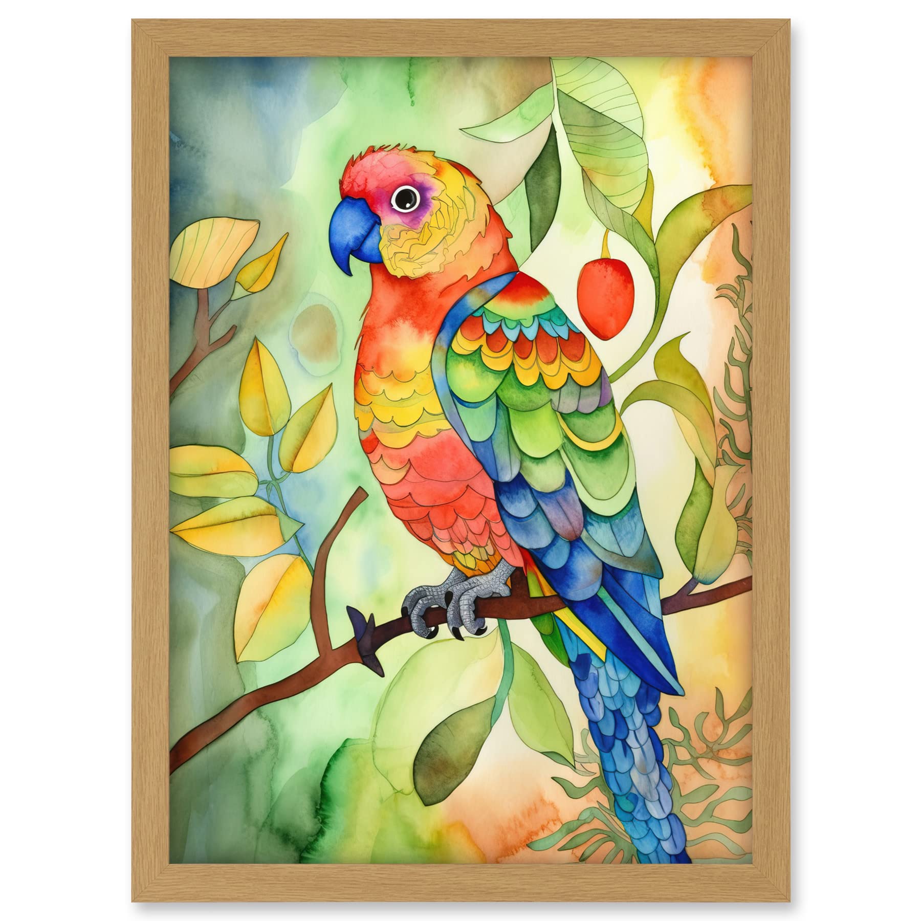 Artery8 Parrot Bird On Tree Branch Folk Art Watercolour Painting Artwork Framed A3 Wall Art Print
