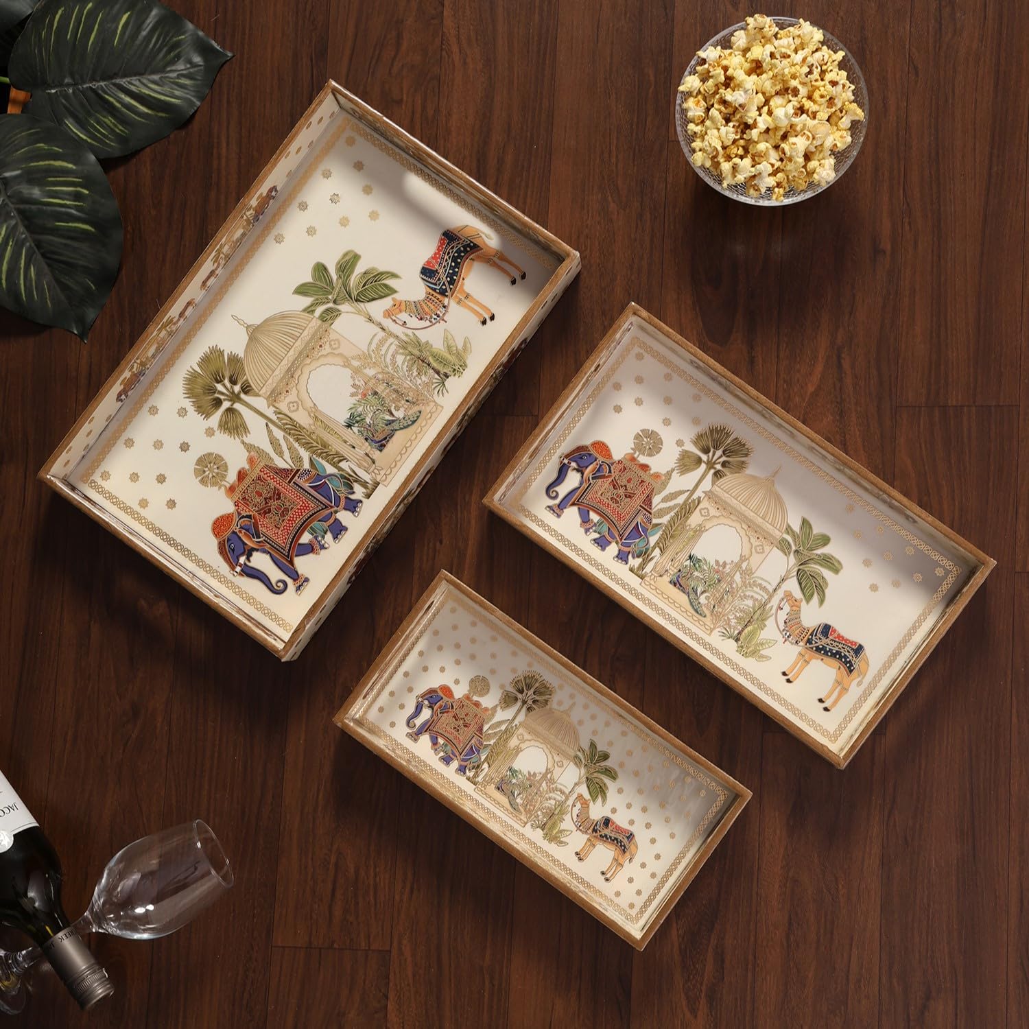 HomeShastra Wooden Serving Tray with Gold Engraving | Set of 3 | Size : 16 x 10 inch, 14 x 8 inch & 12 x 6 inch | Enamel Coated Waterproof | Rectangular | Decorative Trays | Royal Camel Set (B0DGR9LFKR) Amazon Price History, Amazon Price Tracker