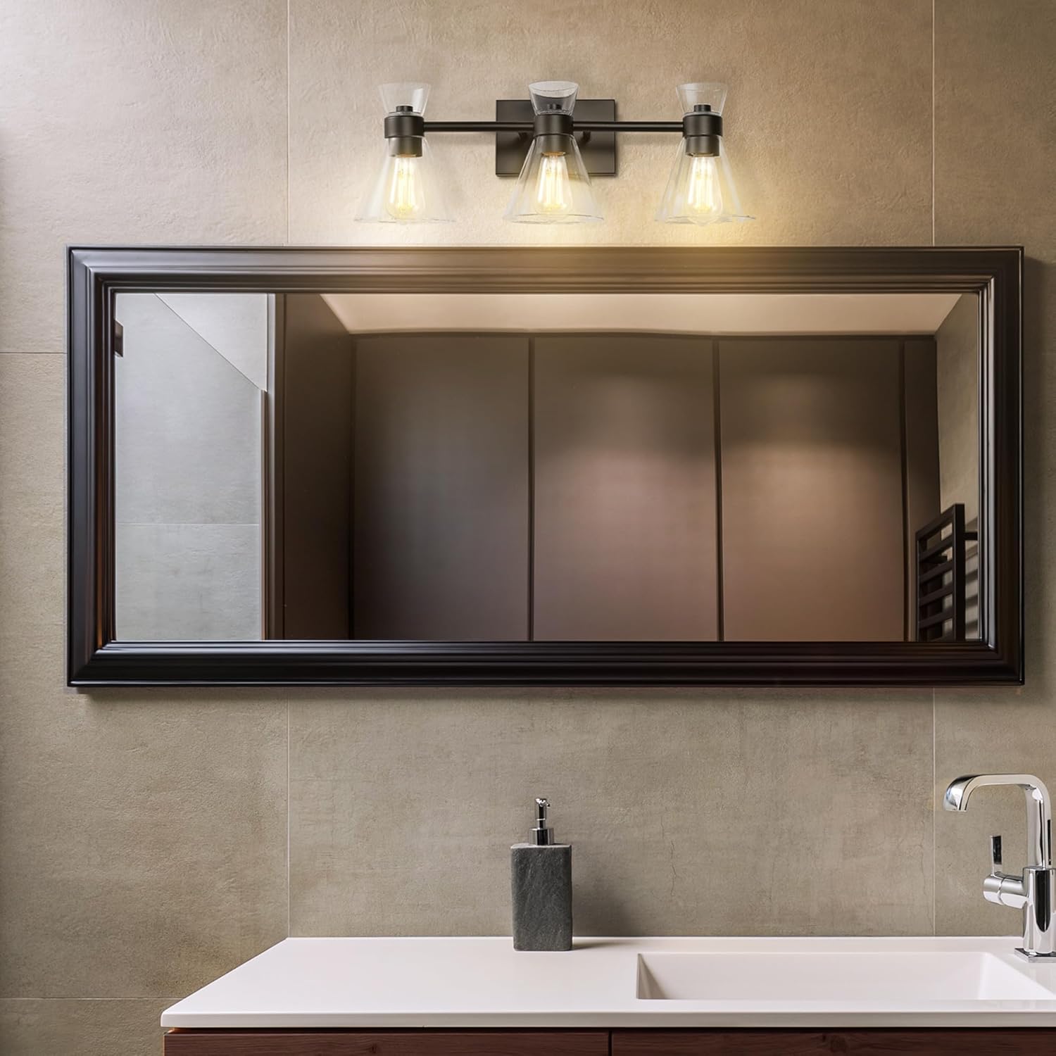 Globe Electric 63000055 3-Light Vanity Light, Matte Black, Clear Glass Shades, Bathroom Lights Over Mirror, Lights for Bathroom, Powder Room Lighting, Makeup Mirror Lights, Home Décor, Bathroom Décor