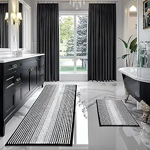 Bathroom Rugs and Mats Sets, 2 Piece Thick Absorbent Chenille Bath Mat Rug Set Non Slip, Soft Shaggy Bath Room Floor Mats for Bathroom, Machine Washable (Black, 24" x 70" Plus 20" x 32")