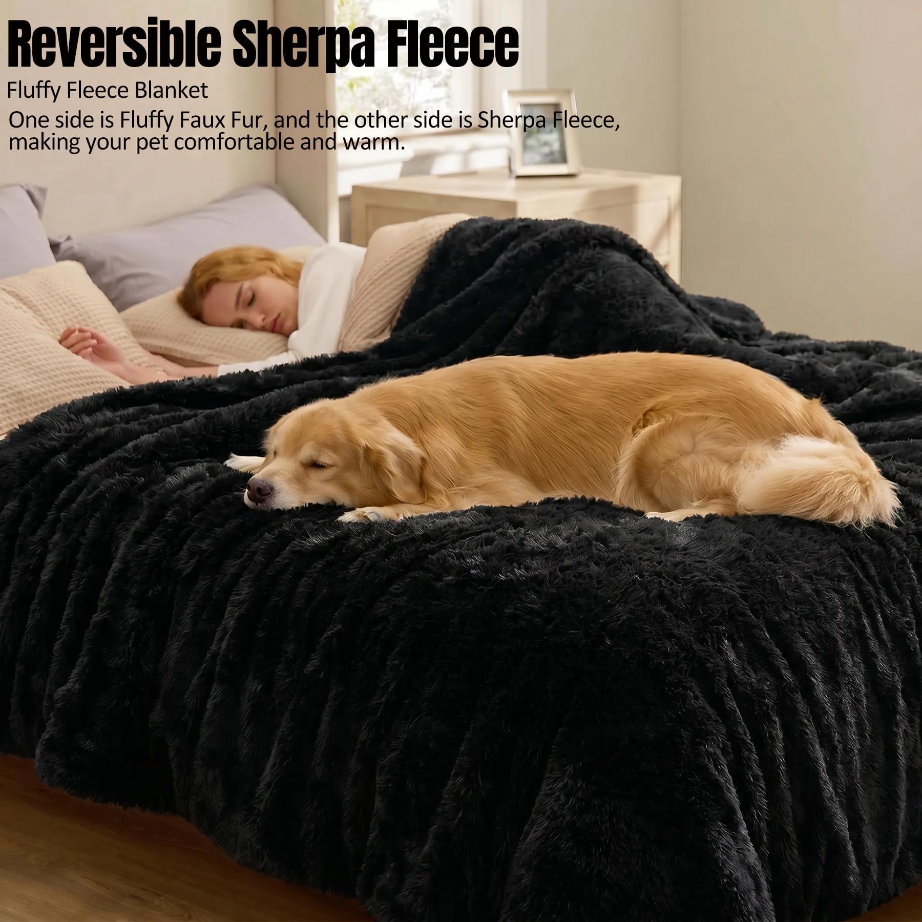 Manta impermeable y esponjosa negra para perros grandes, manta larga de piel sintética para mascotas para fundas de cama tamaño King (negro, XL-85 x 57 pulgadas)
