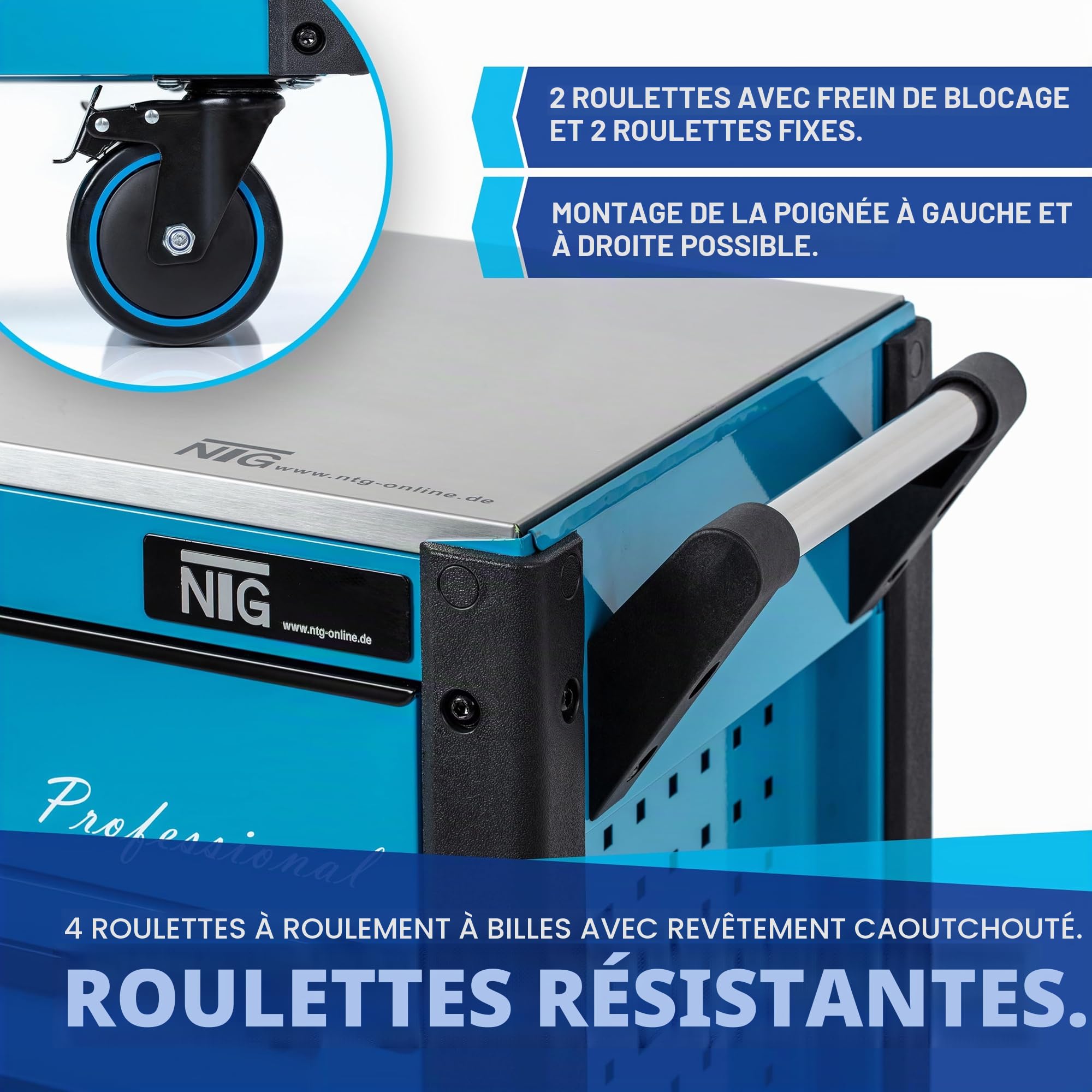 NTG Chariot à Outils XXL équipé d'outils | 457 pièces | +12 tiroirs verrouillables | Dont 10 avec Outils | avec incrustations Souples en Optique Carbone | Chariot d'atelier Caisse à Outils
