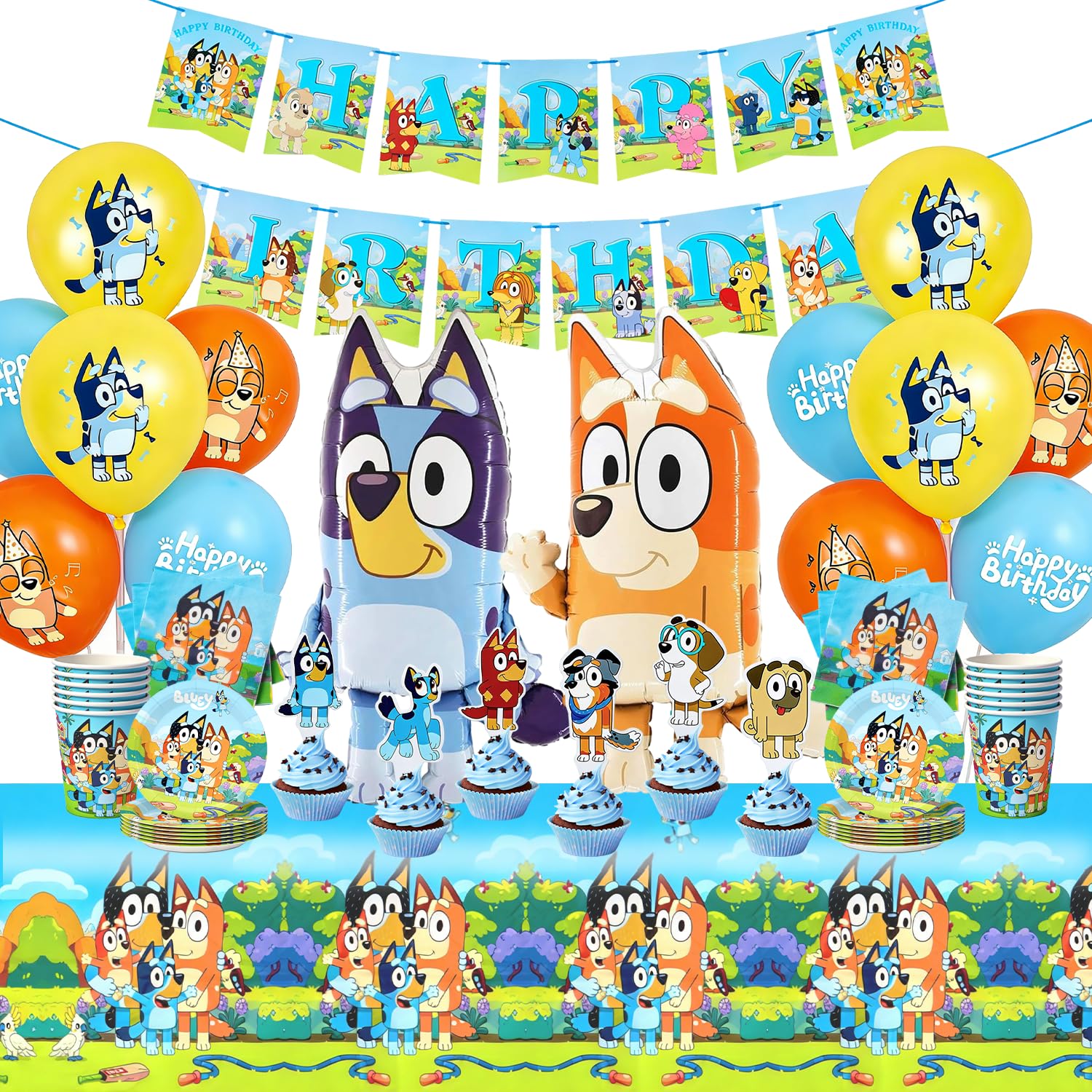 Blue Anniversaire Vaisselle,Blue Decoration Anniversaire Kit, Vaisselle de Fête Blue Comprend, Bannières, Assiettes, Gobelets en Papier, Serviettes, Nappes