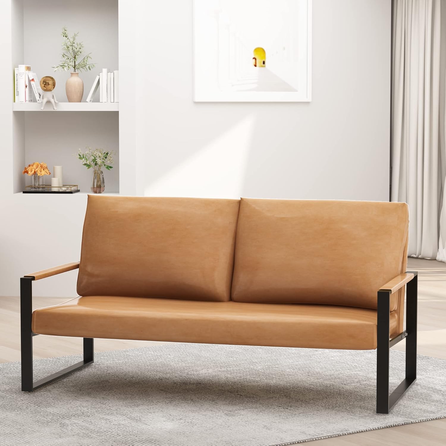 AWQM PU Leather Love Seats Sofa, 45" Mini Upholstered Couch for Small Space, Modern Accent Chair with Armrest & Removable Cushions, 2-Seater Lounge for Living Room, Office (Brown) (CXY45I2SLS-BW)